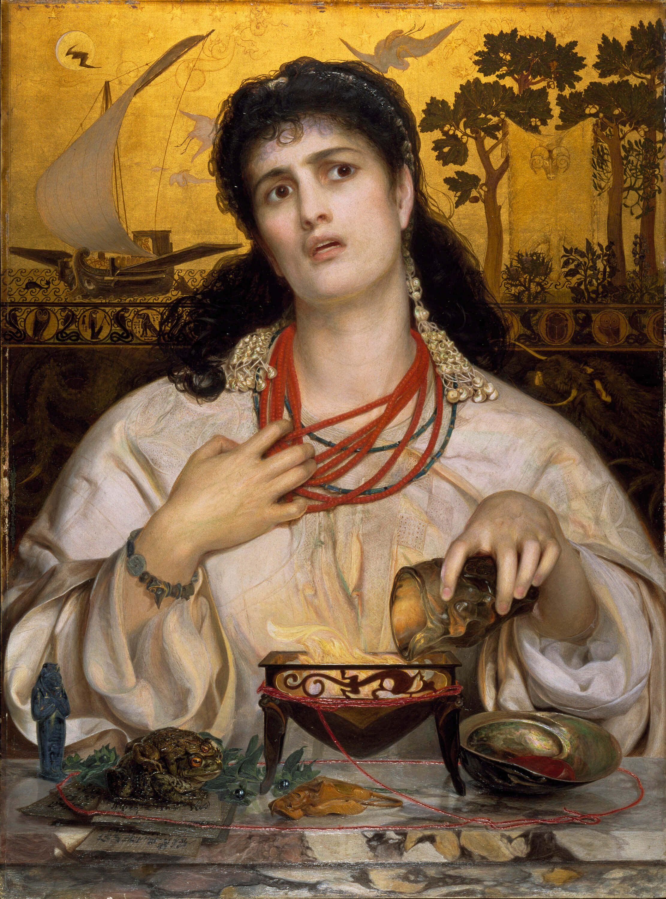 Victorian 桌布 壁紙 — 一位身穿飄逸白袍的古典女性，在華麗裝飾的背景前，將液體倒入碗中，鳥兒在金色船隻上空翱翔。