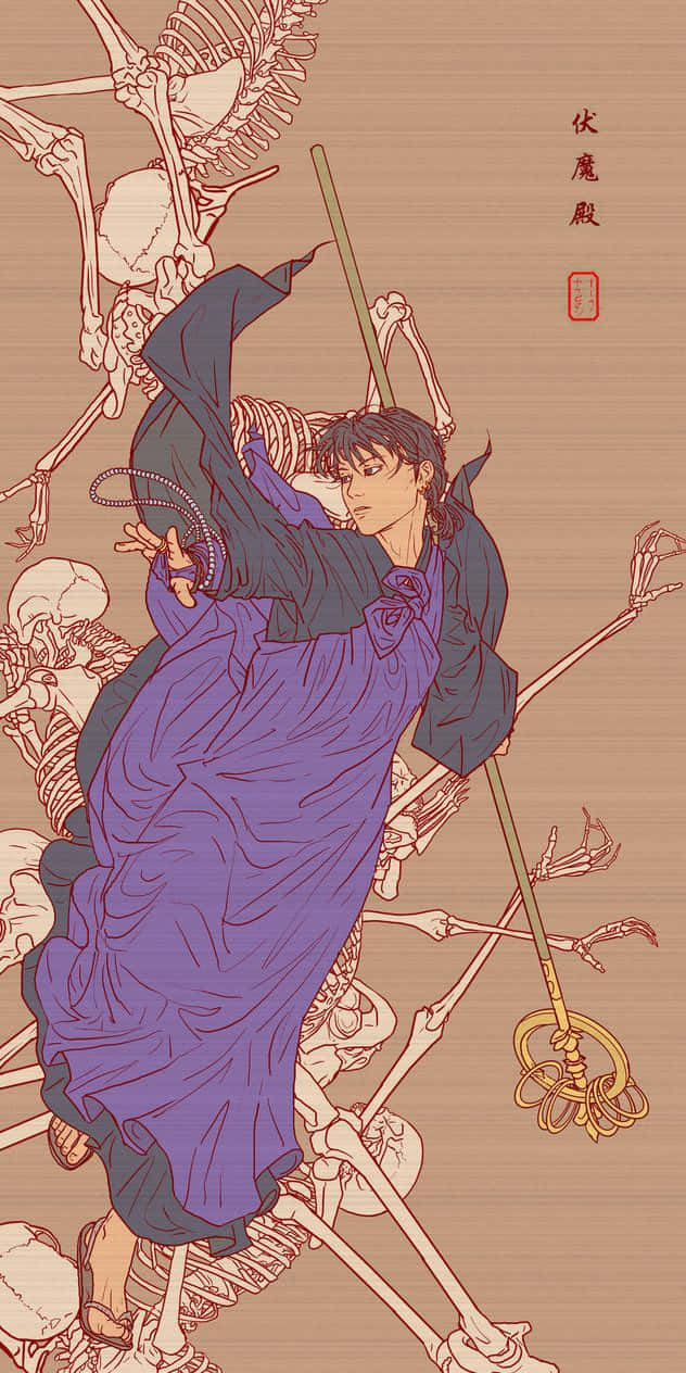 Inuyasha And Miroku 桌布 壁紙 — 一位身穿飄逸紫色長袍的戰士，在一片骷髏海中揮舞著法杖，背景類似羊皮紙。