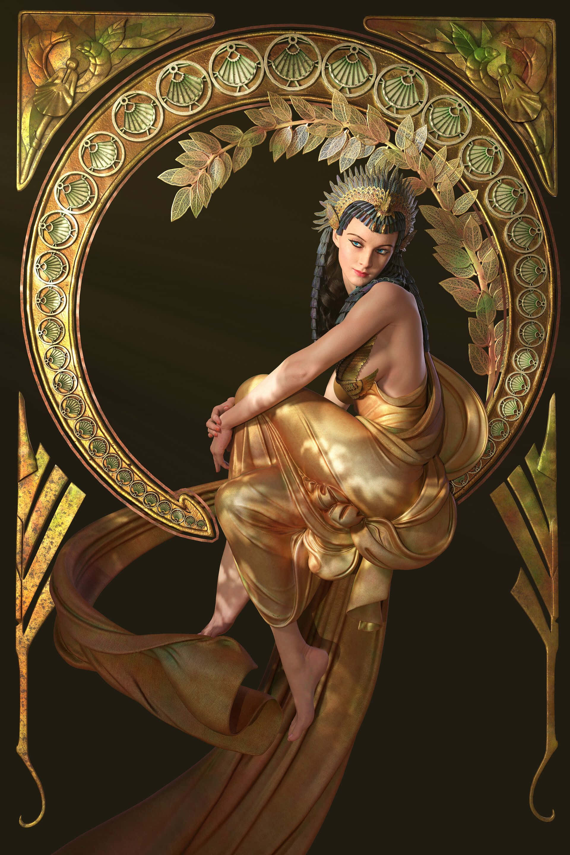 Cleopatra 桌布 壁紙 — 一位身穿飄逸金色長袍的貴族女性，優雅地坐在一個飾有月桂葉和貝殼圖案的華麗圓形框架內。