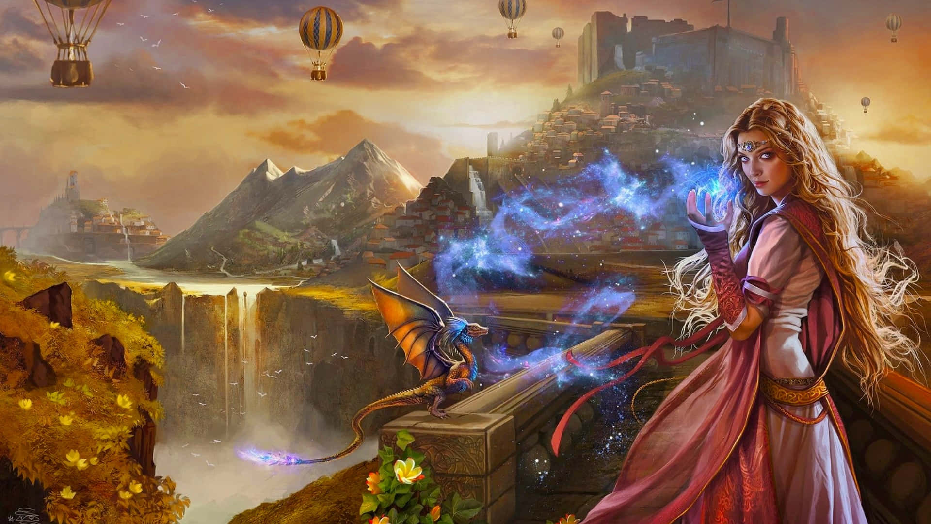 Beautiful Artistic 桌布 壁紙 — 一位身穿飄逸長袍的奇幻女性，向棲息在懸崖上俯瞰峽谷的小龍施展發光的藍色魔法，峽谷中有漂浮的熱氣球和遠山。