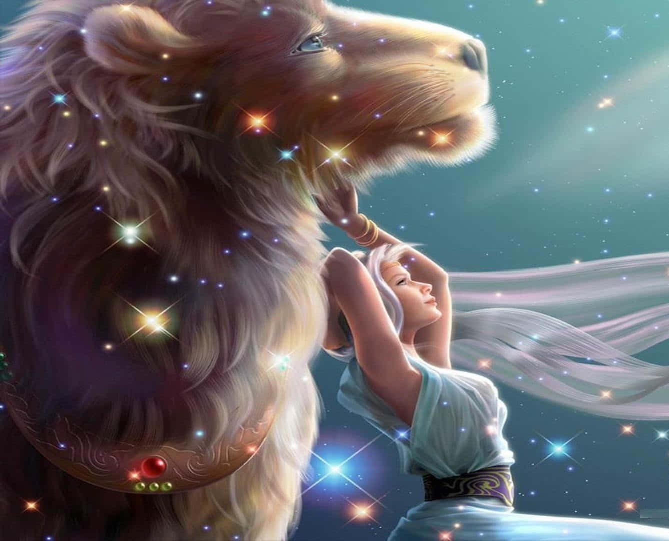 獅子 桌布 壁紙 — 一位身穿飄逸長袍的女性，在星光閃爍的天界場景中，溫柔地觸摸著一頭雄偉獅子的臉龐。