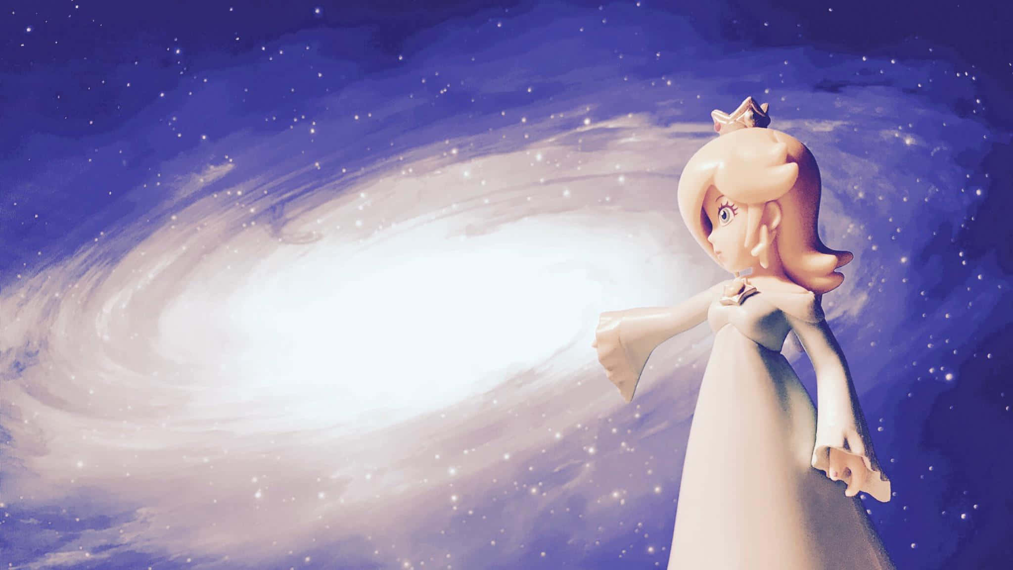 Princess Rosalina 桌布 壁紙 — 一位身穿飄逸長裙的公主，在深藍色的天空下凝視著一個充滿星星的旋轉星系。