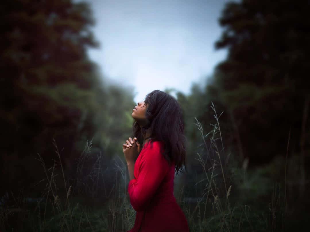 Praying 桌布 壁紙 — 一位身穿鮮紅色連衣裙的女子站在霧氣瀰漫的森林中，雙手合十祈禱，仰望多雲的天空。