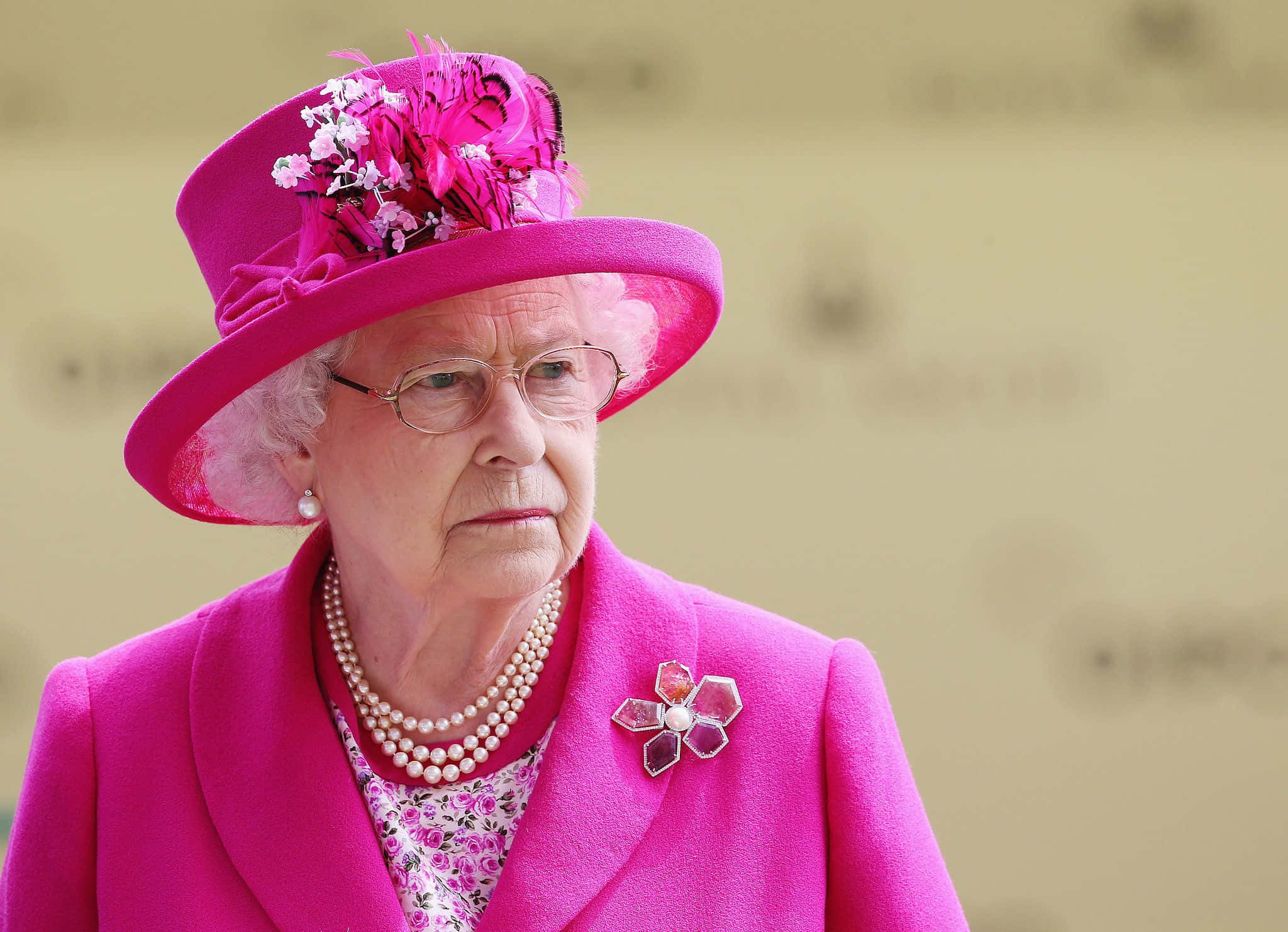 Queen Elizabeth 桌布 壁紙 — 一位身穿鮮豔粉紅色外套、戴著飾有羽毛和花朵的配套帽子的老婦人，若有所思地向前凝視。