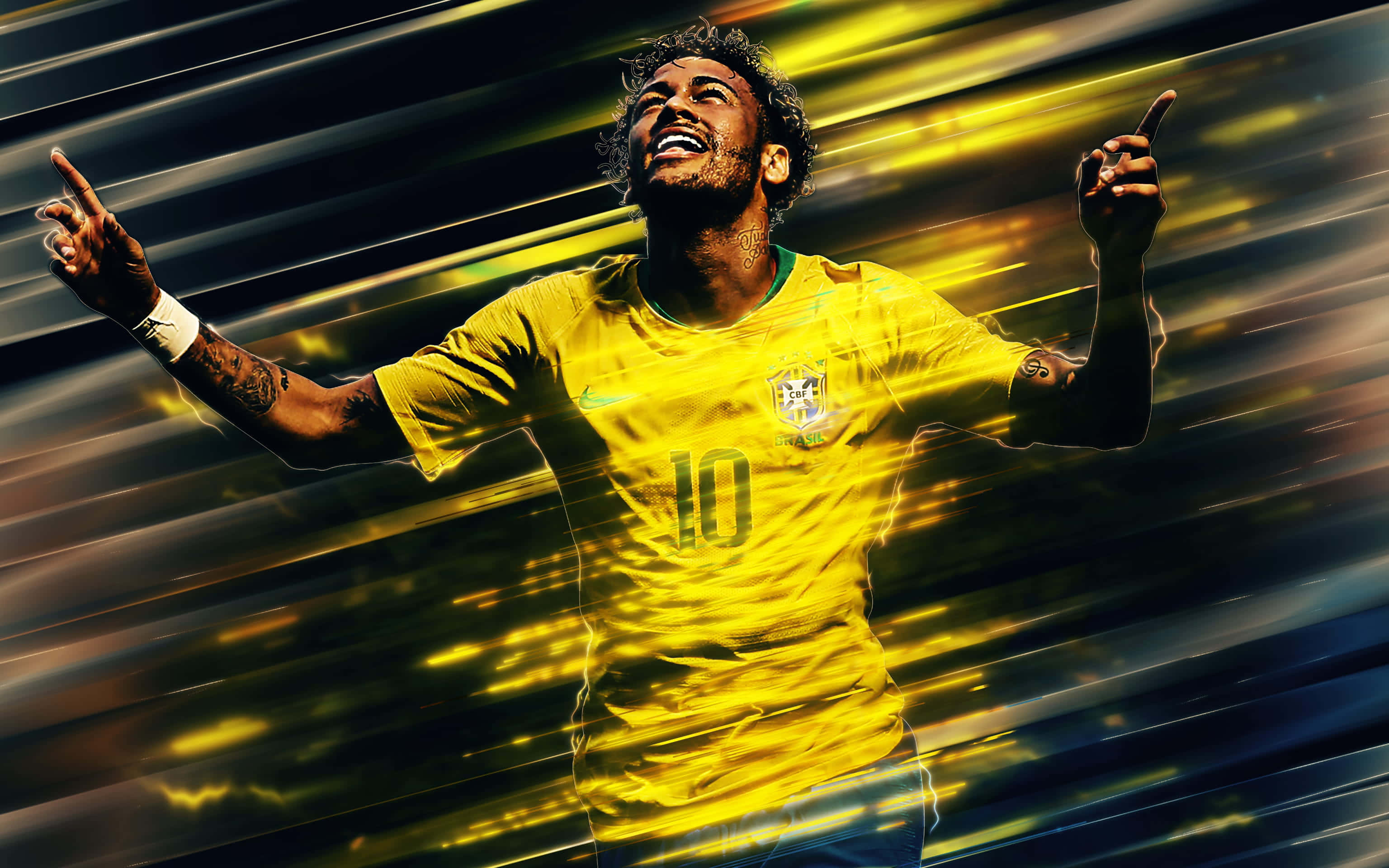 Neymar 桌布 壁紙 — 一位身穿黃色10號球衣的巴西足球員，在金色和深色條紋背景前高舉雙臂，勝利地慶祝。