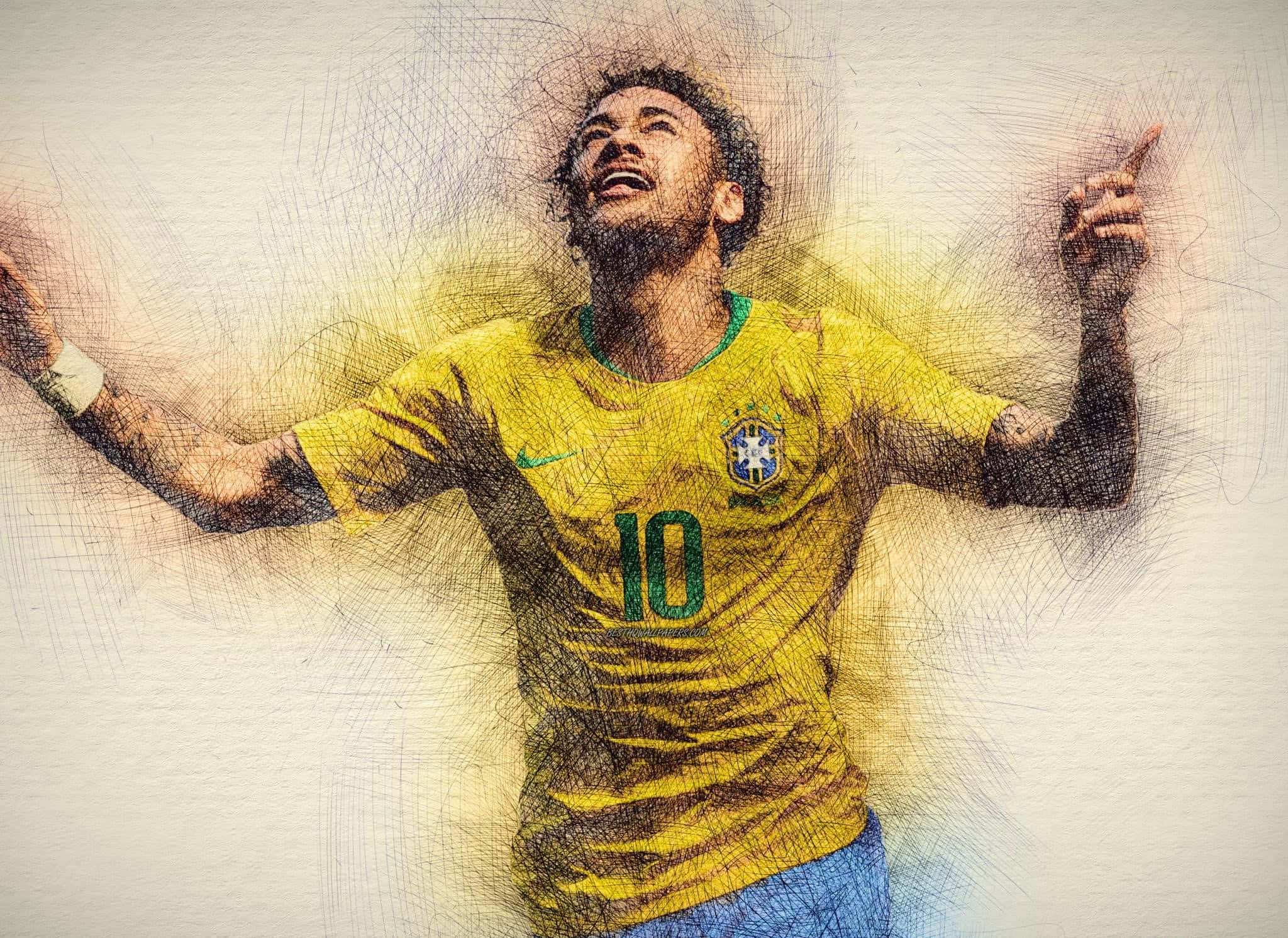 Neymar 桌布 壁紙 — 一位身穿黃色10號球衣的巴西足球運動員，在帶有紋理的素描風格背景前張開雙臂，勝利地慶祝。