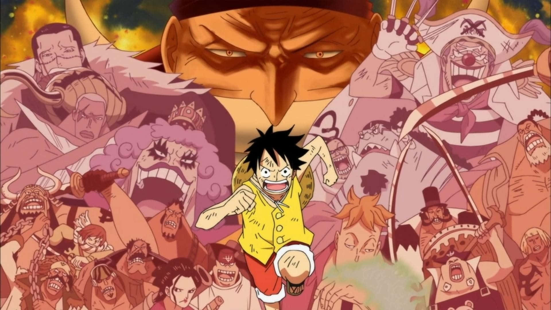 Marineford War 桌布 壁紙 — 一位身穿黃色襯衫的年輕動漫海盜，在熾熱的橙色和黃色背景下，被一群憤怒、叫囂的混亂敵對者包圍，決然地向前躍進。