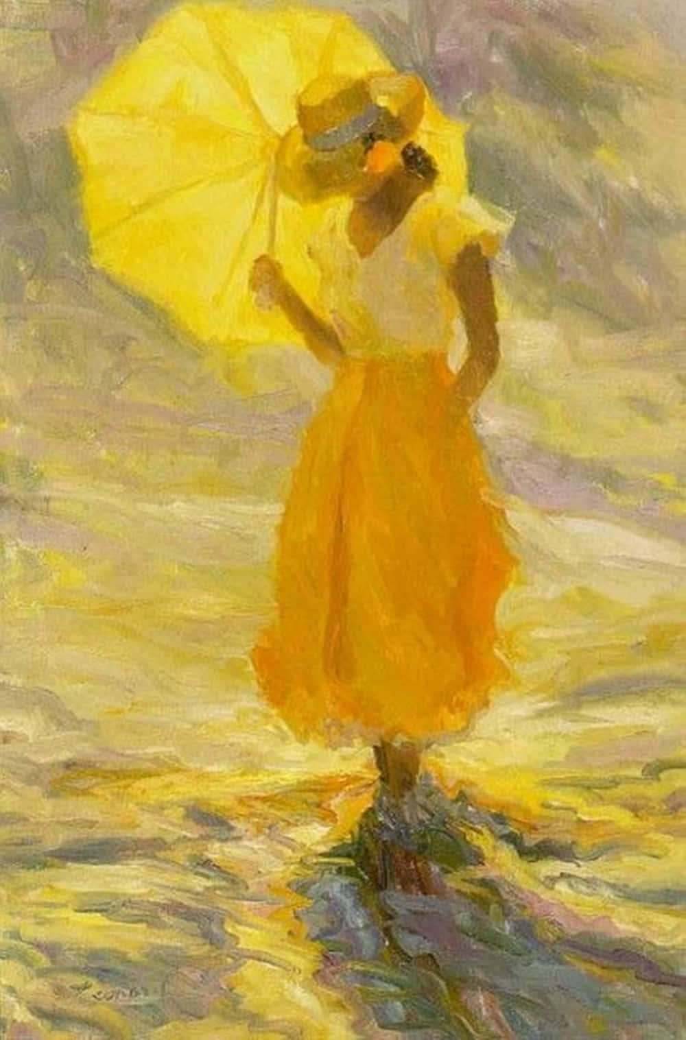 Yellow Art 桌布 壁紙 — 一位身穿黃色連衣裙和帽子的女士，在陽光明媚的田野中，手持相配的陽傘，以印象派筆觸繪製。