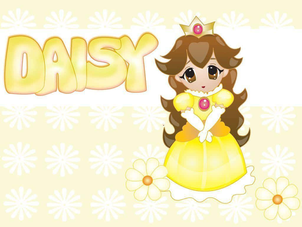 Princess Daisy 桌布 壁紙 — 一位身穿黃色連衣裙和皇冠的快樂卡通公主黛西站在她的名字旁邊，背景是花卉圖案。