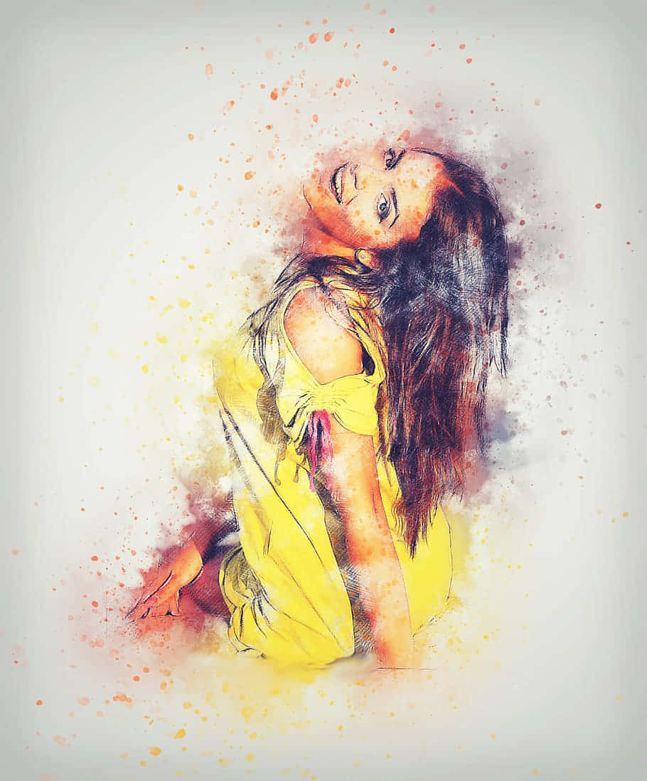 Beautiful Painting 桌布 壁紙 — 一位身穿黃色連衣裙的女性的水彩肖像，周圍有橙色和黃色的顏料飛濺。