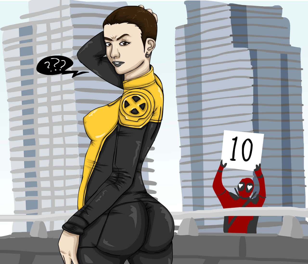 Negasonic Teenage Warhead 桌布 壁紙 — 一位身穿黃黑套裝的女性X-Men角色自信地站在城市屋頂上，死侍在她下方舉著「10」標誌。