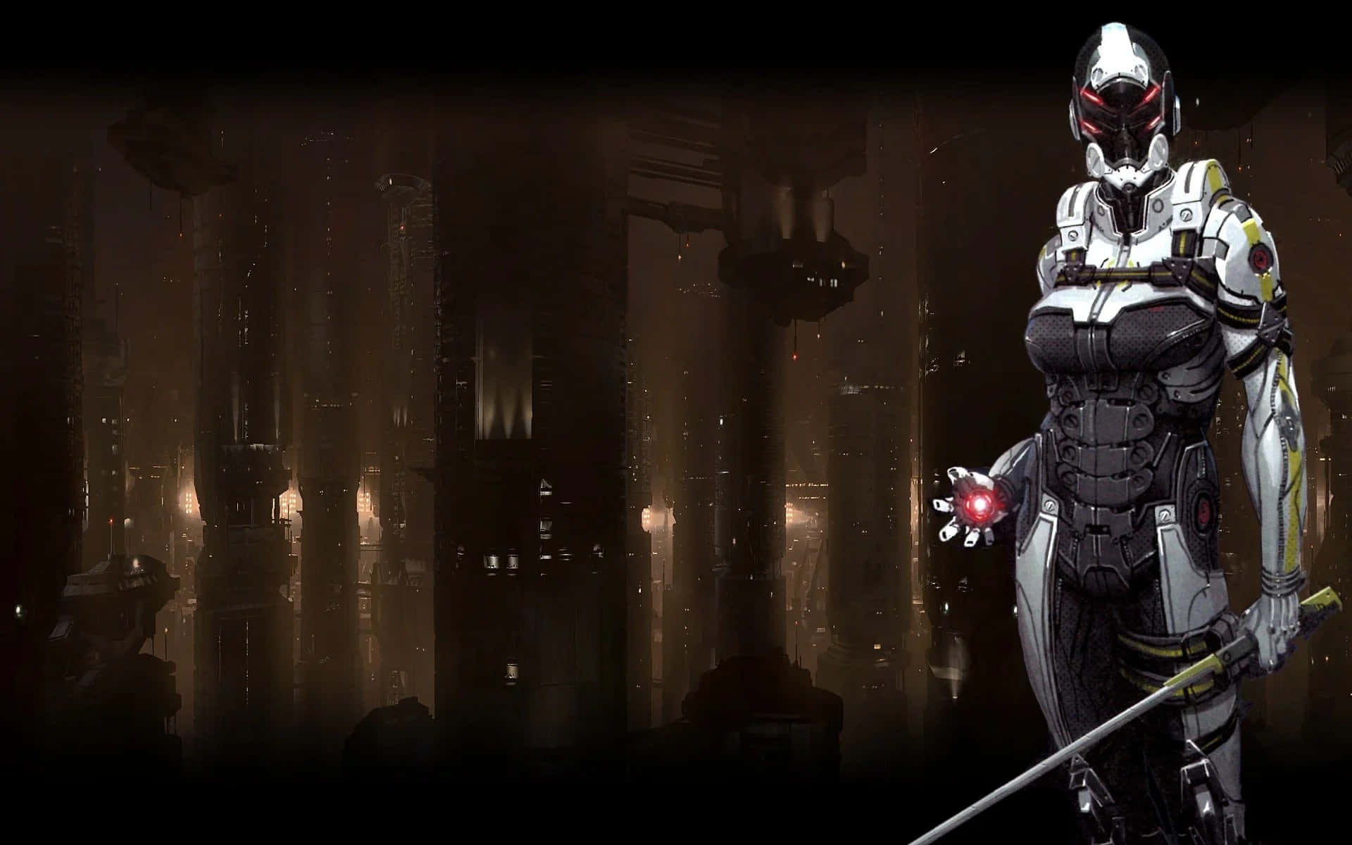 Mass Effect Cerberus 桌布 壁紙 — 一位身穿黑白裝甲、手持發光紅色護手的未來戰士，在黑暗高聳的賽博龐克城市景觀中蓄勢待發。
