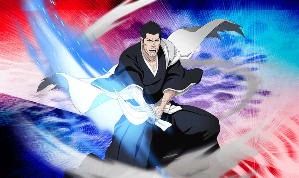 Isshin Kurosaki 桌布 壁紙 — 一位身穿黑白長袍的兇猛動漫戰士，在爆炸性的紅、藍、白能量條紋中揮舞著發光的劍。