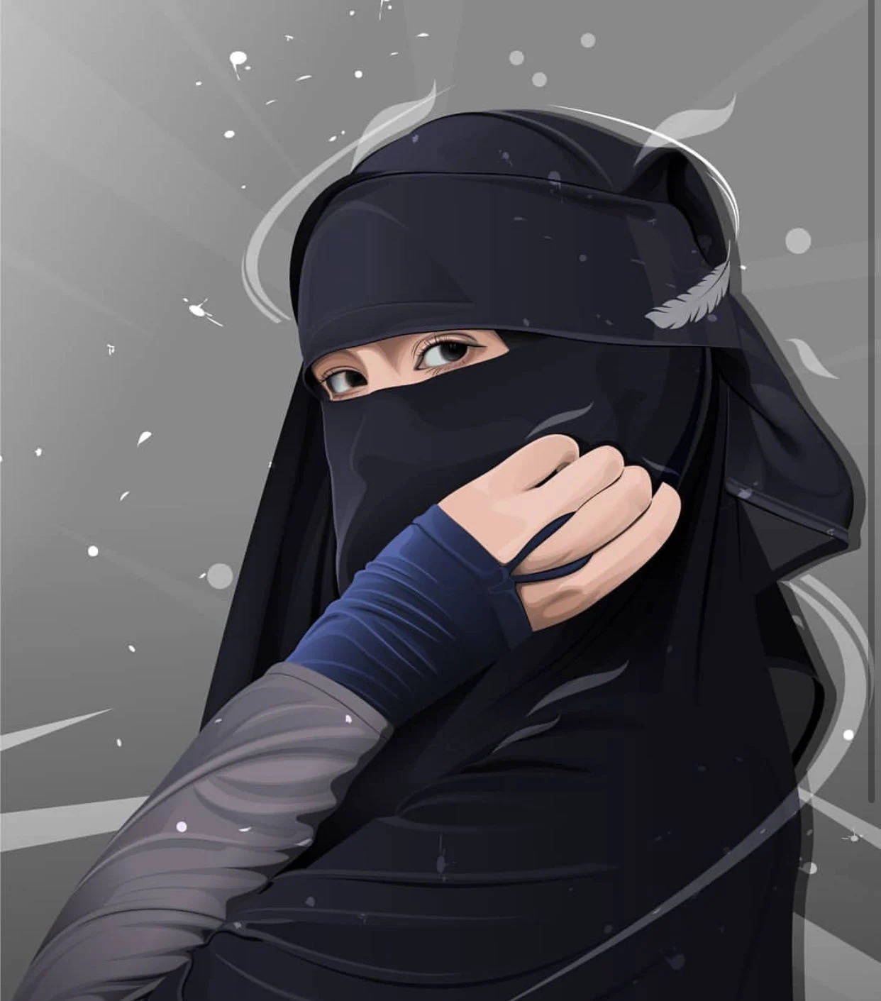 muslim 桌布 壁紙 — 一位身穿黑色尼卡布的女性，一隻手靠近臉部，以灰色抽象背景配白色羽毛圖案的數碼藝術肖像。