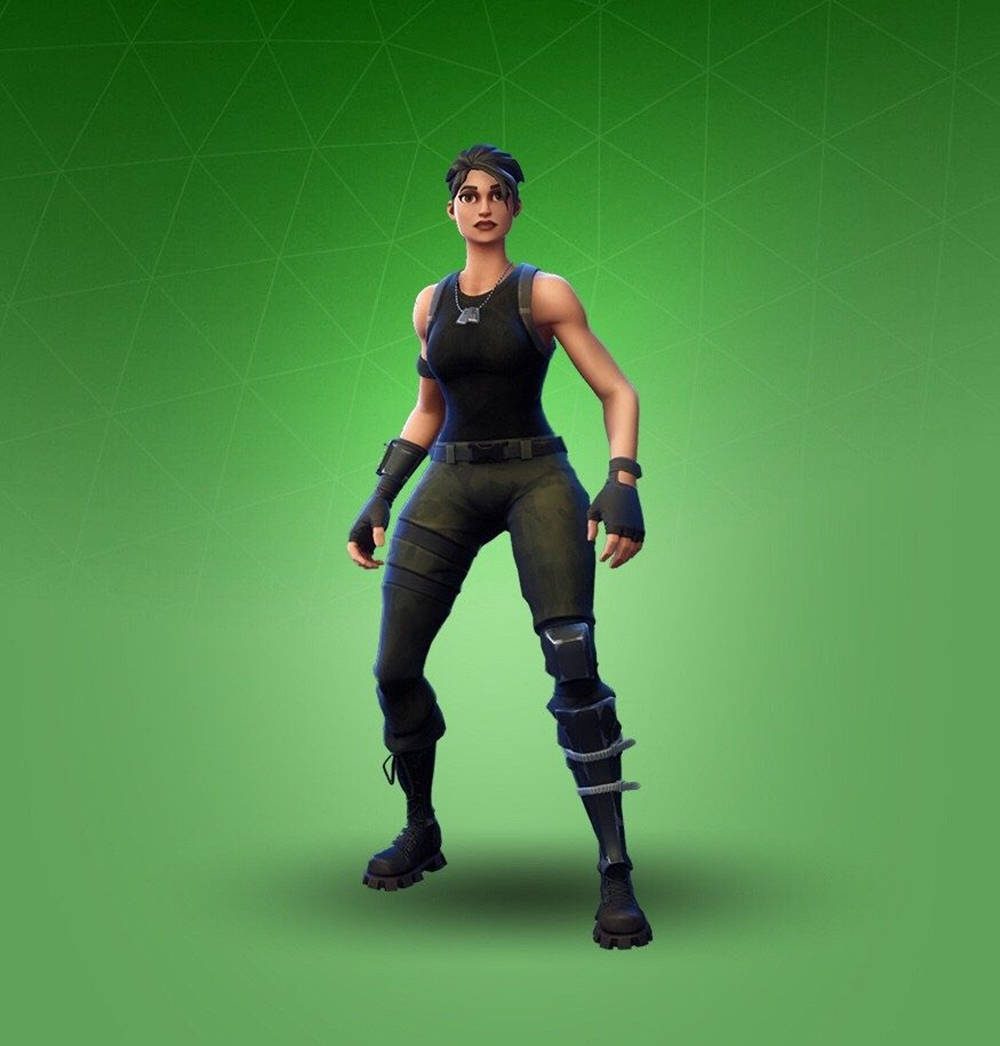 Fortnite 造型 桌布 壁紙 — 一位身穿黑色戰術裝備的女性Fortnite角色，自信地站在充滿活力的綠色幾何背景前。
