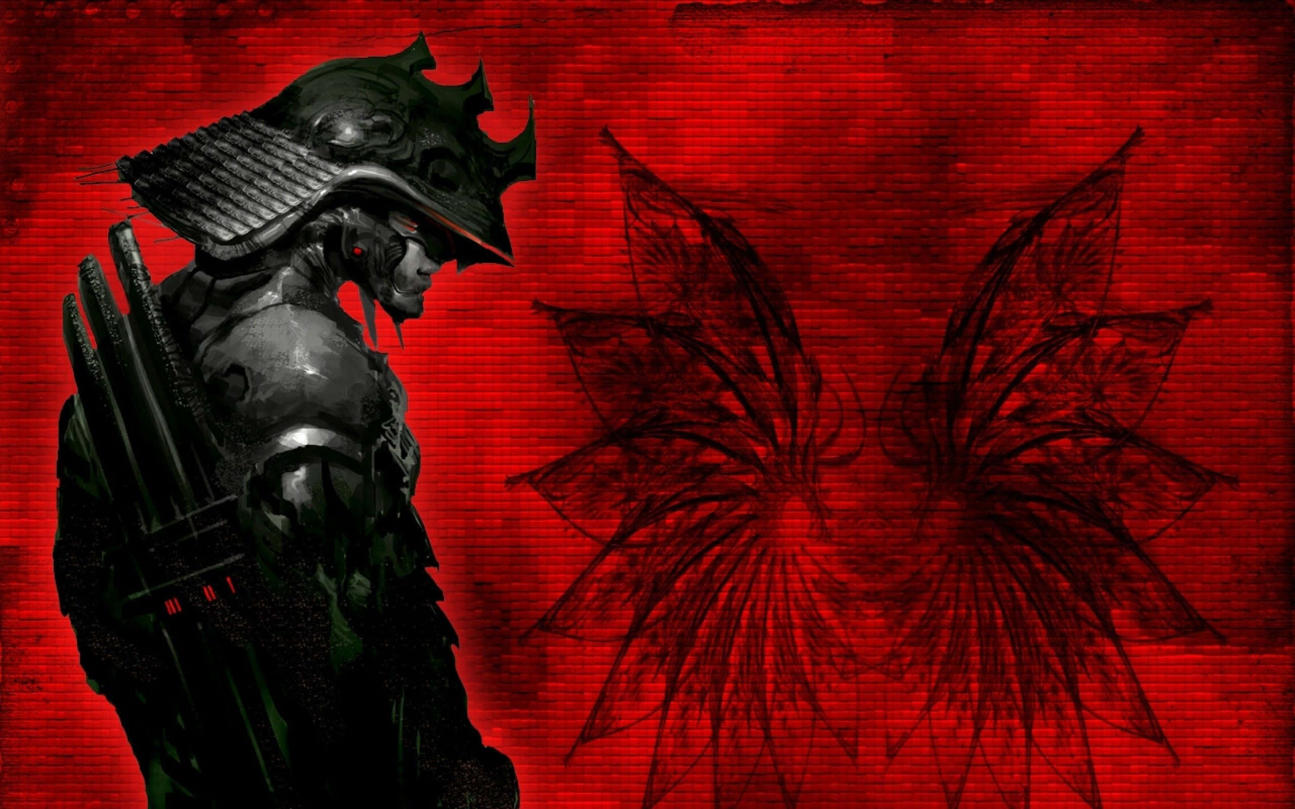 Samurai Armor 桌布 壁紙 — 一位身穿黑色盔甲的武士戰士側面站立，背景是帶有複雜黑色花卉圖案的紋理深紅色背景。