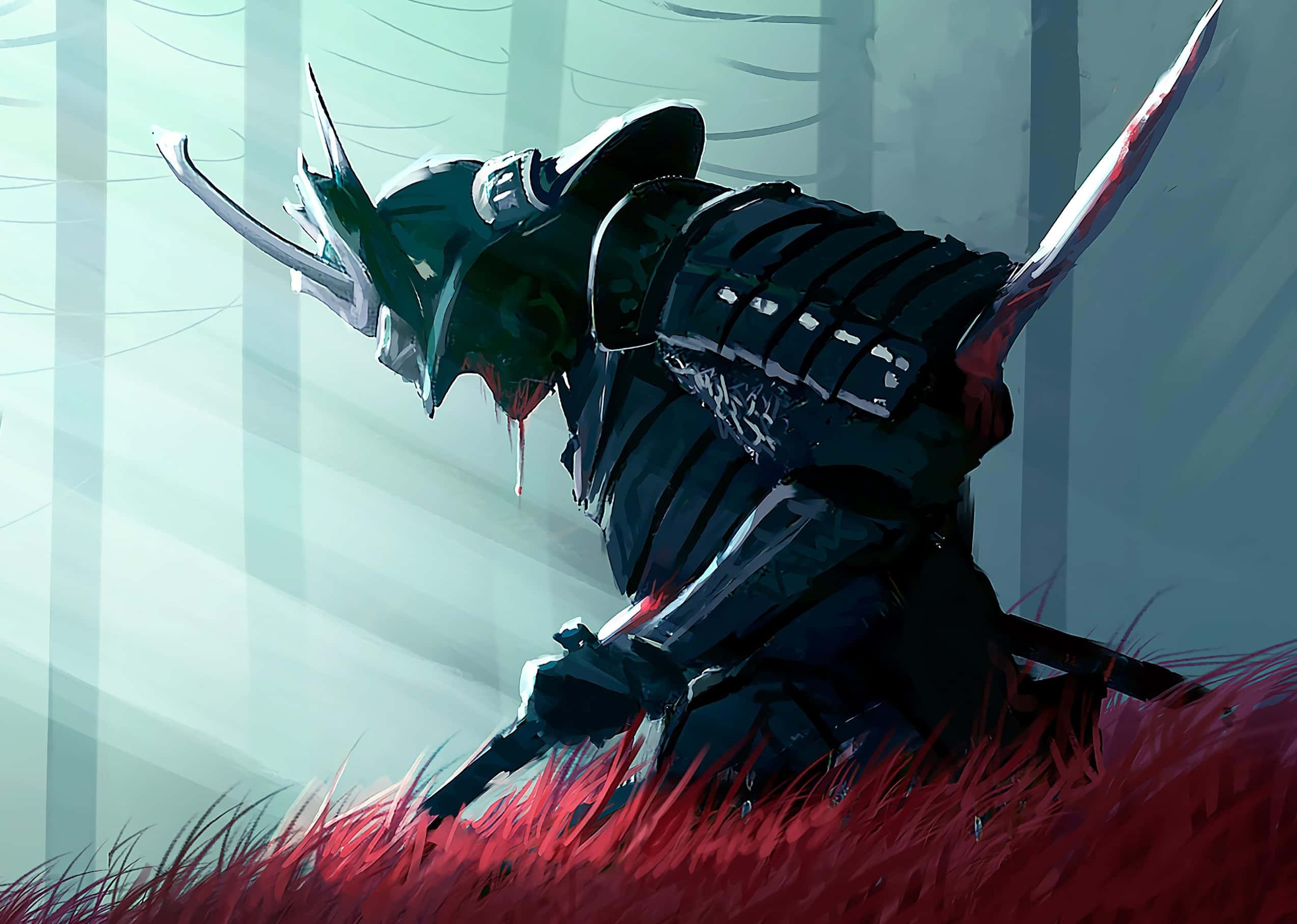 Samurai X 桌布 壁紙 — 一位身穿黑色盔甲的武士跪在充滿活力的紅草中，頭盔滴著血，身處迷霧森林。