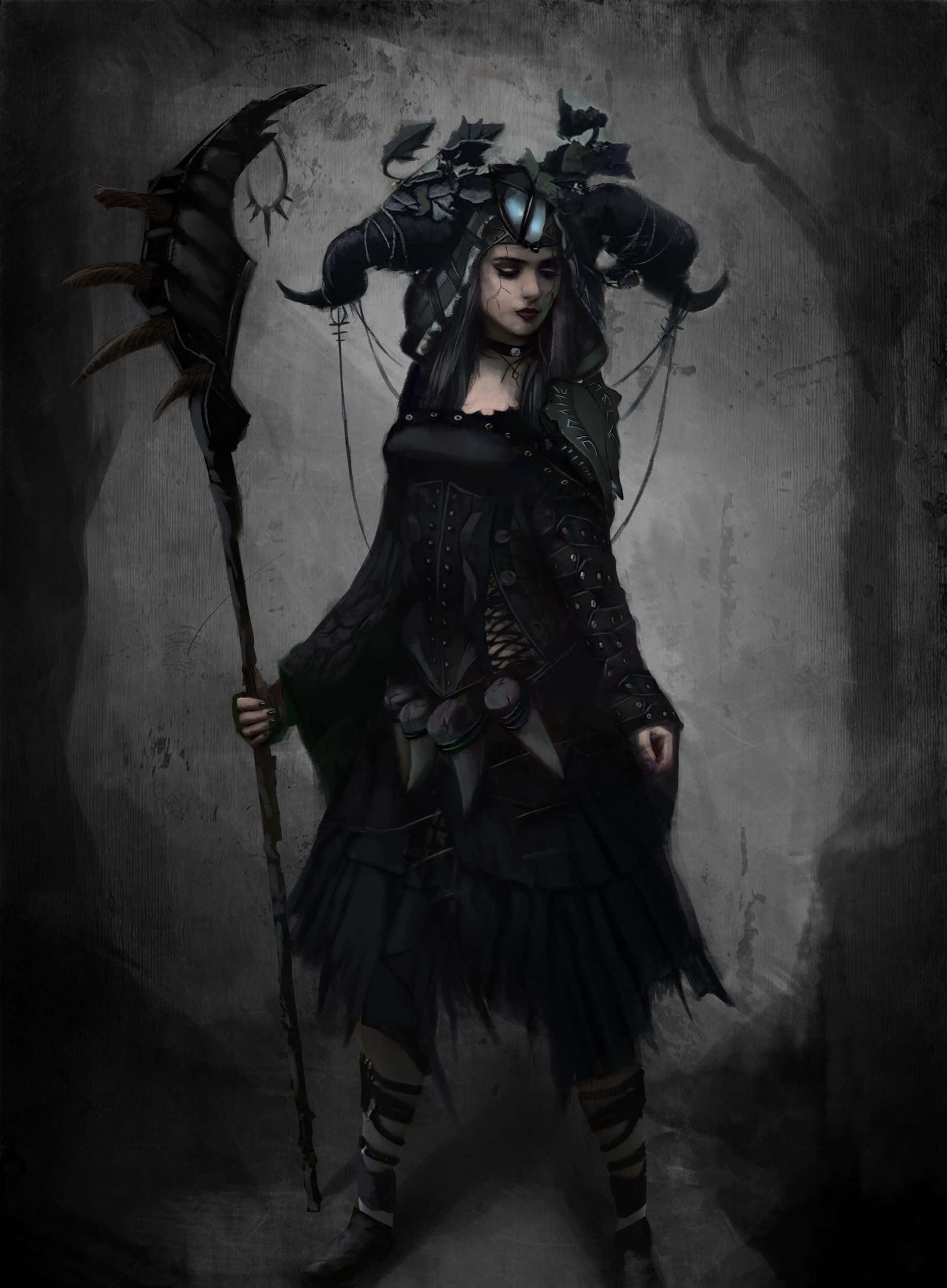 Dark Witch 桌布 壁紙 — 一位身穿黑色盔甲的黑暗奇幻女戰士，在陰暗、有紋理的洞穴中手持一把鋸齒鐮刀。