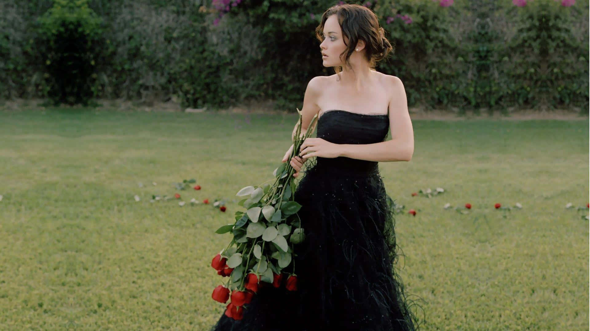 Alexis Bledel 桌布 壁紙 — 一位身穿黑色羽毛長袍的女性在陽光照耀的草地上手持紅玫瑰，身後散落著花朵和綠色樹籬。