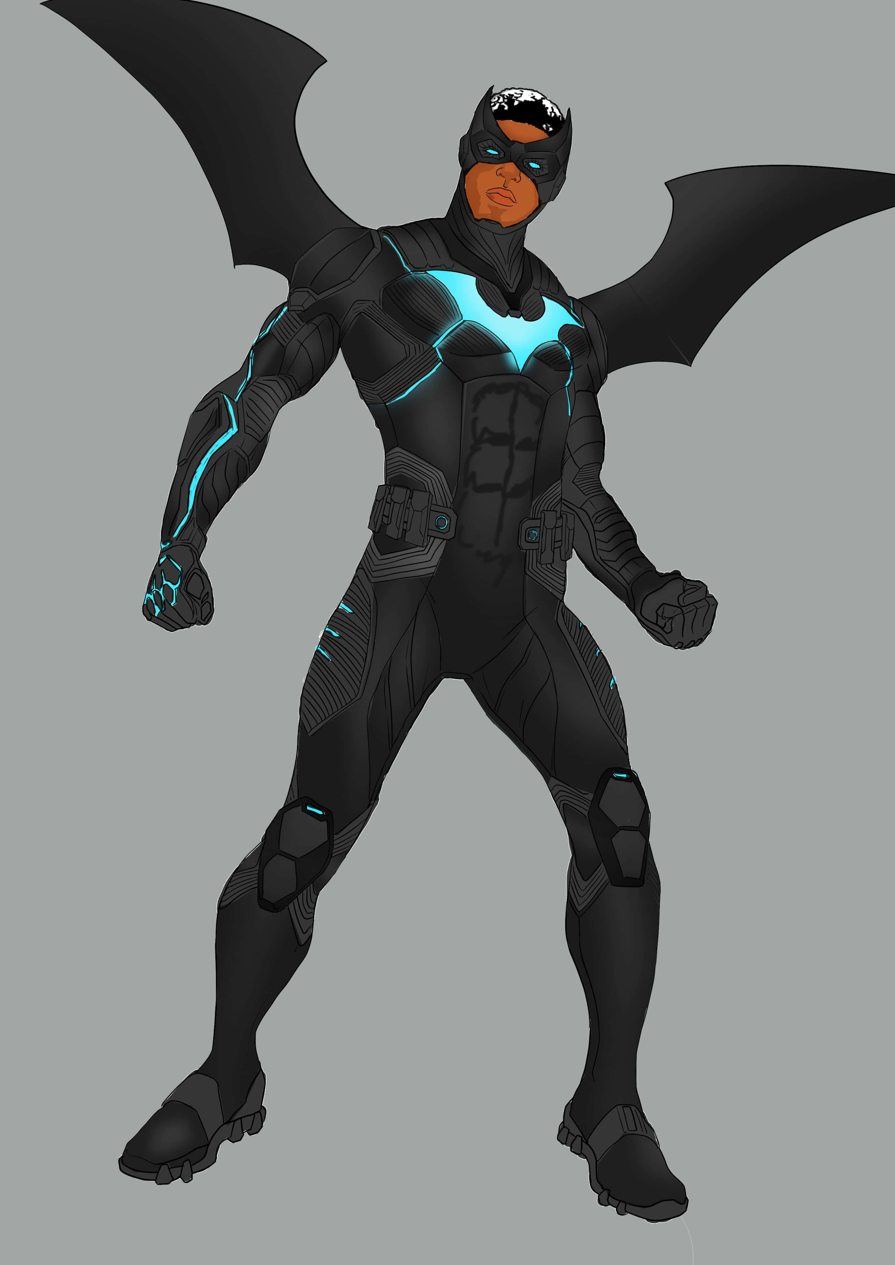 Batwing 桌布 壁紙 — 一位身穿黑色裝甲服、帶有發光藍色點綴和蝙蝠狀翅膀的超級英雄，自信地站在灰色背景前。