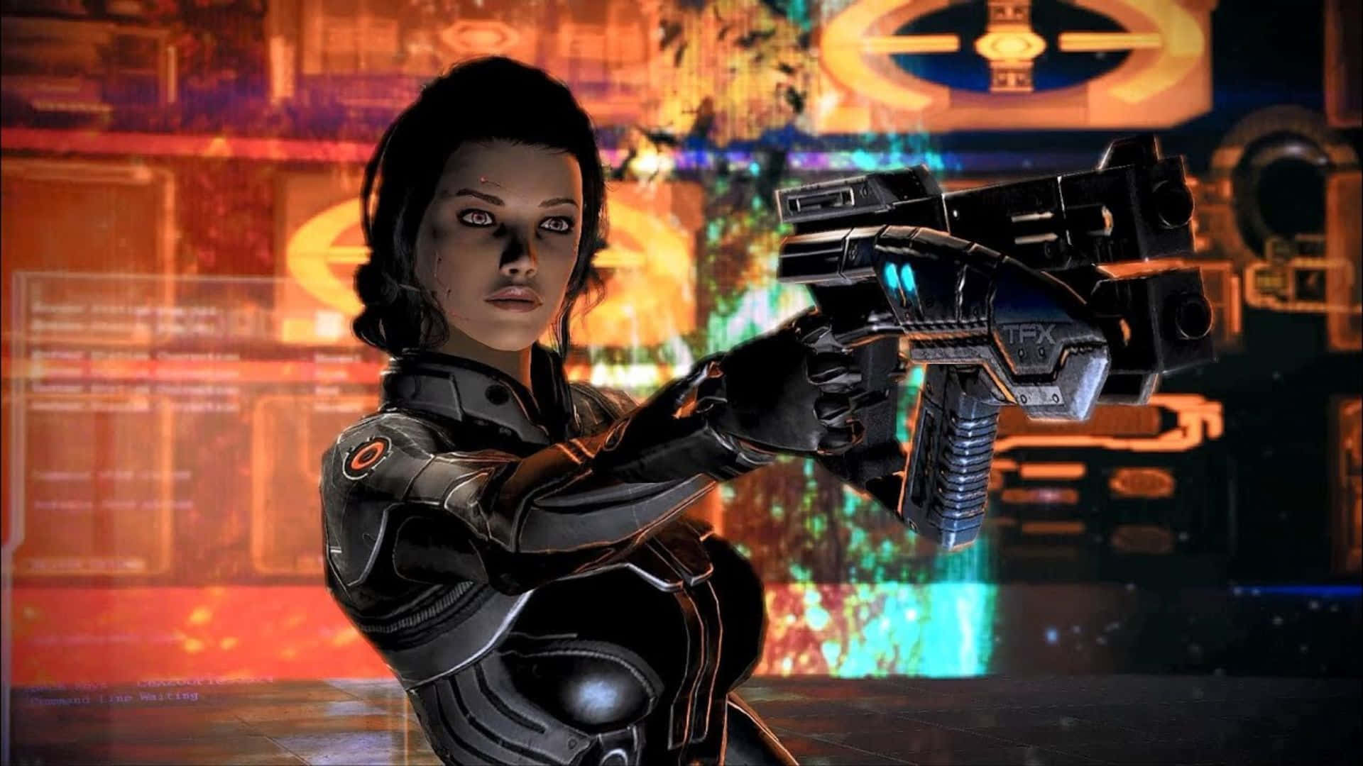 Mass Effect Cerberus 桌布 壁紙 — 一位身穿黑色裝甲的 cyberpunk 女戰士，在霓虹燈數位背景前瞄準發光的未來武器。