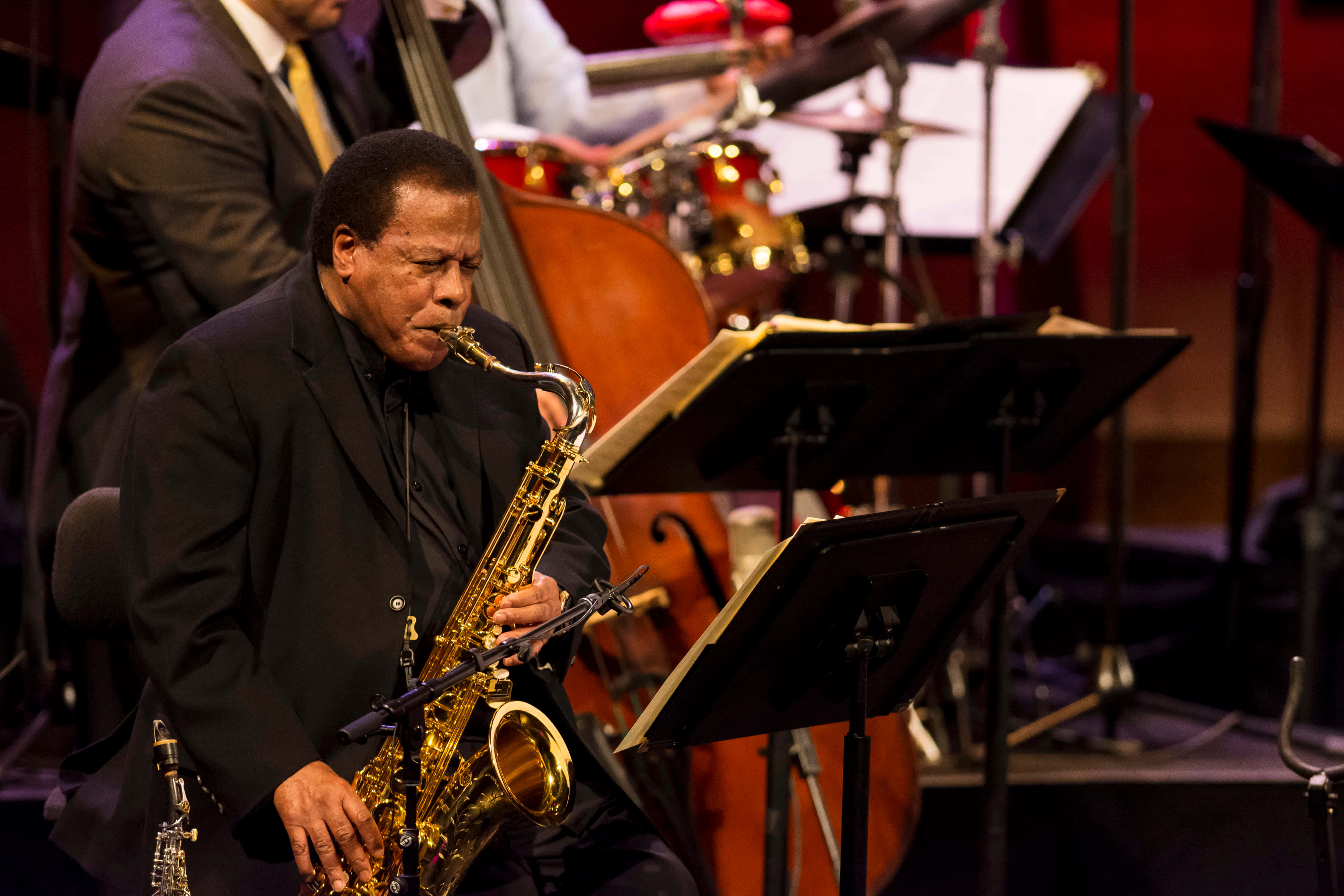 Wayne Shorter 桌布 壁紙 — 一位身穿黑色西裝的爵士音樂家在溫暖的舞台燈光下熱情地吹奏金色色士風，背景有低音結他手和鼓手。