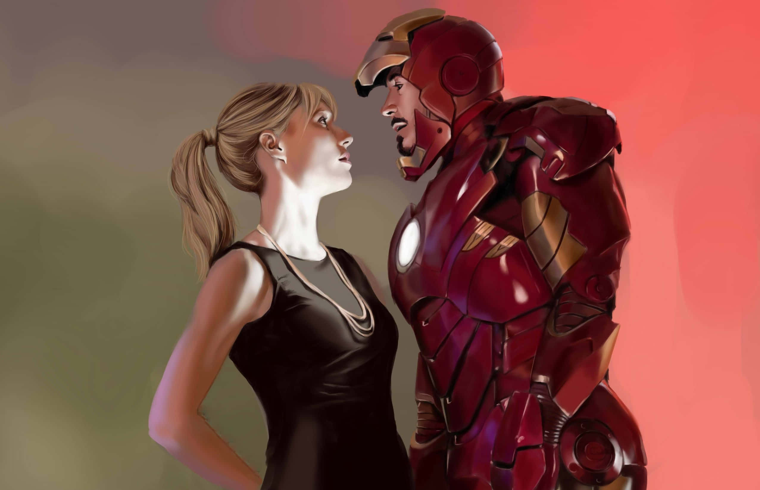 Pepper Potts 桌布 壁紙 — 一位身穿黑色連衣裙的女性，在漸變背景前仰望身穿紅金戰甲的鐵甲奇俠。
