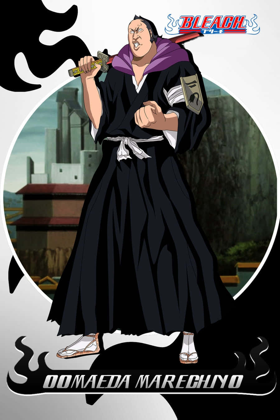 Marechiyo Omaeda 桌布 壁紙 — 一位身穿黑色長袍、繫著紫色圍巾的兇猛動漫戰士，手持劍，站在城市景觀前。