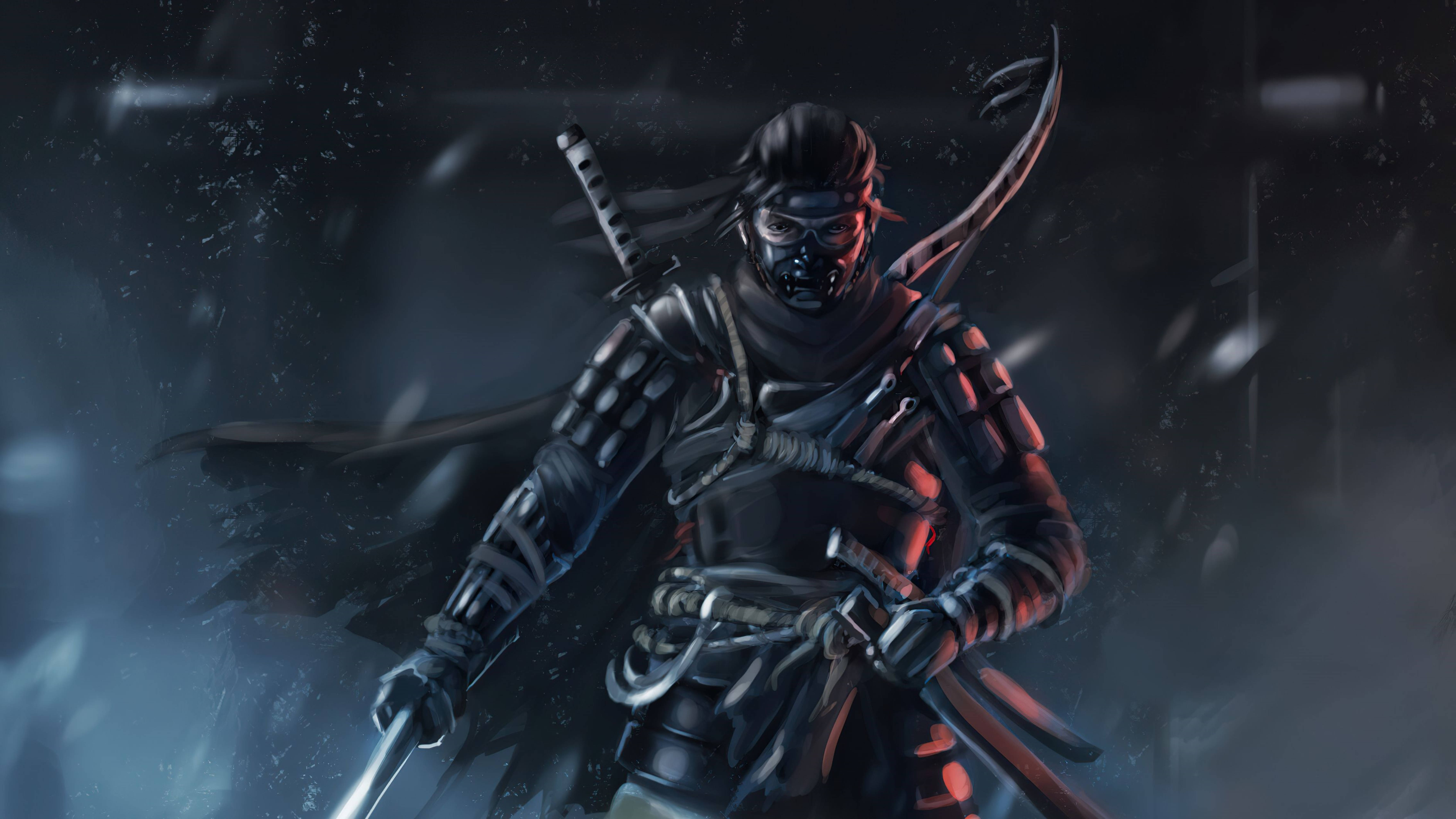 武士 桌布 壁紙 — 一位身穿黑衣的忍者戰士在霧氣瀰漫的雪夜中持劍擺出架勢，發光的眼睛穿透黑暗。