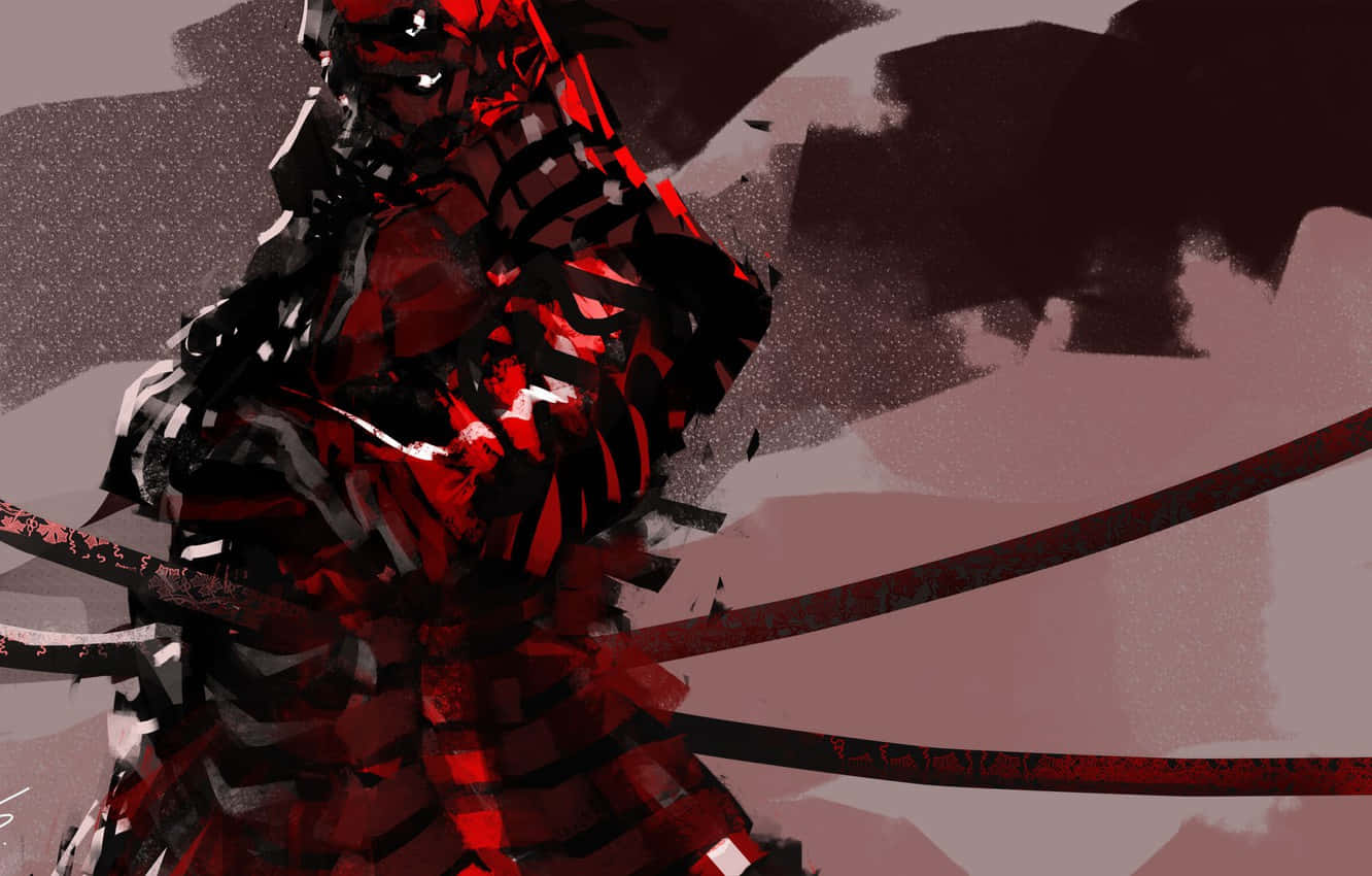 身穿紅黑盔甲的武士戰士以動態姿勢手持武士刀。