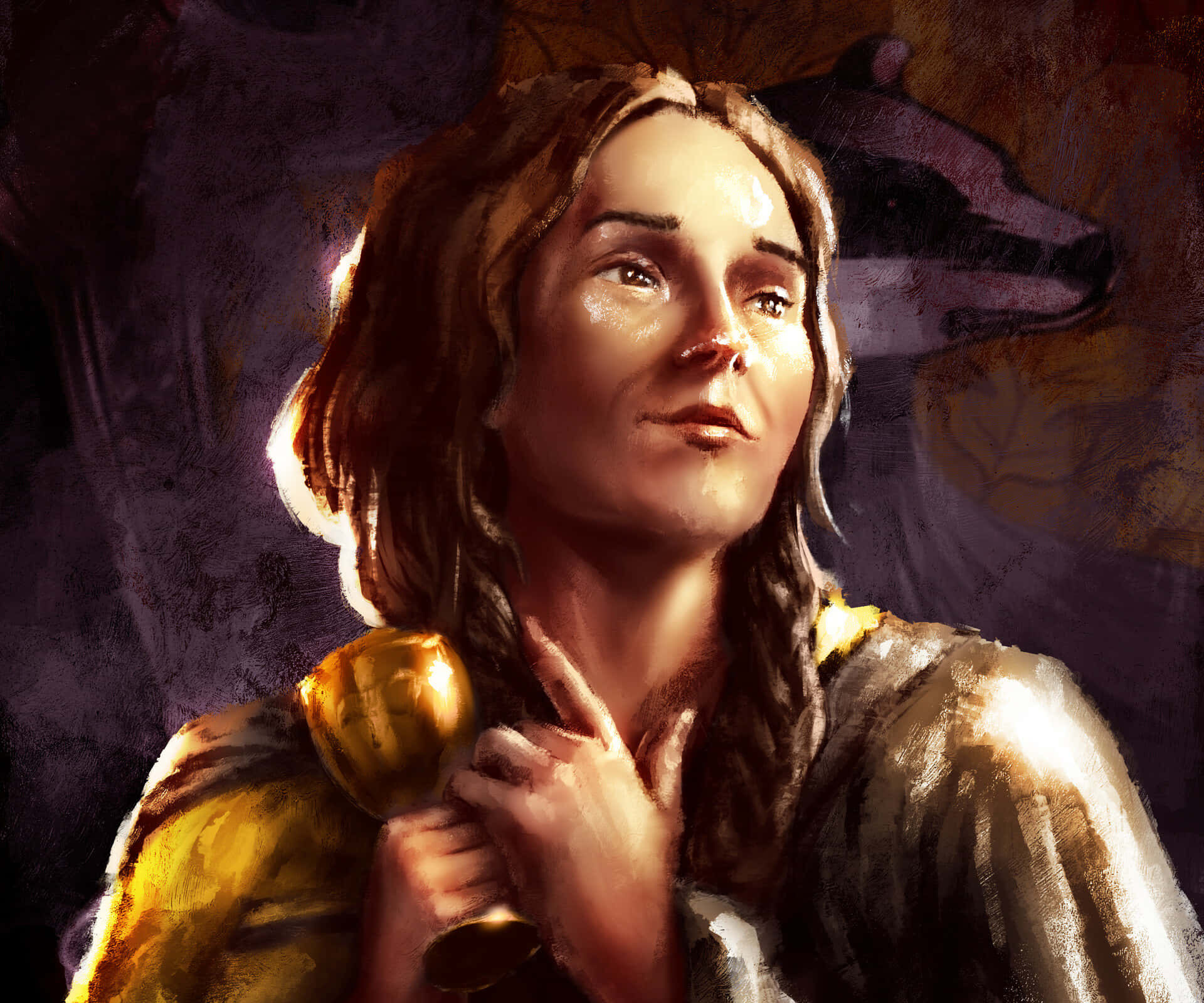 hufflepuff 桌布 壁紙 — 一位辮子女性在溫暖燈光下，於深紫色背景前手持金色聖杯，背景有狼的剪影。