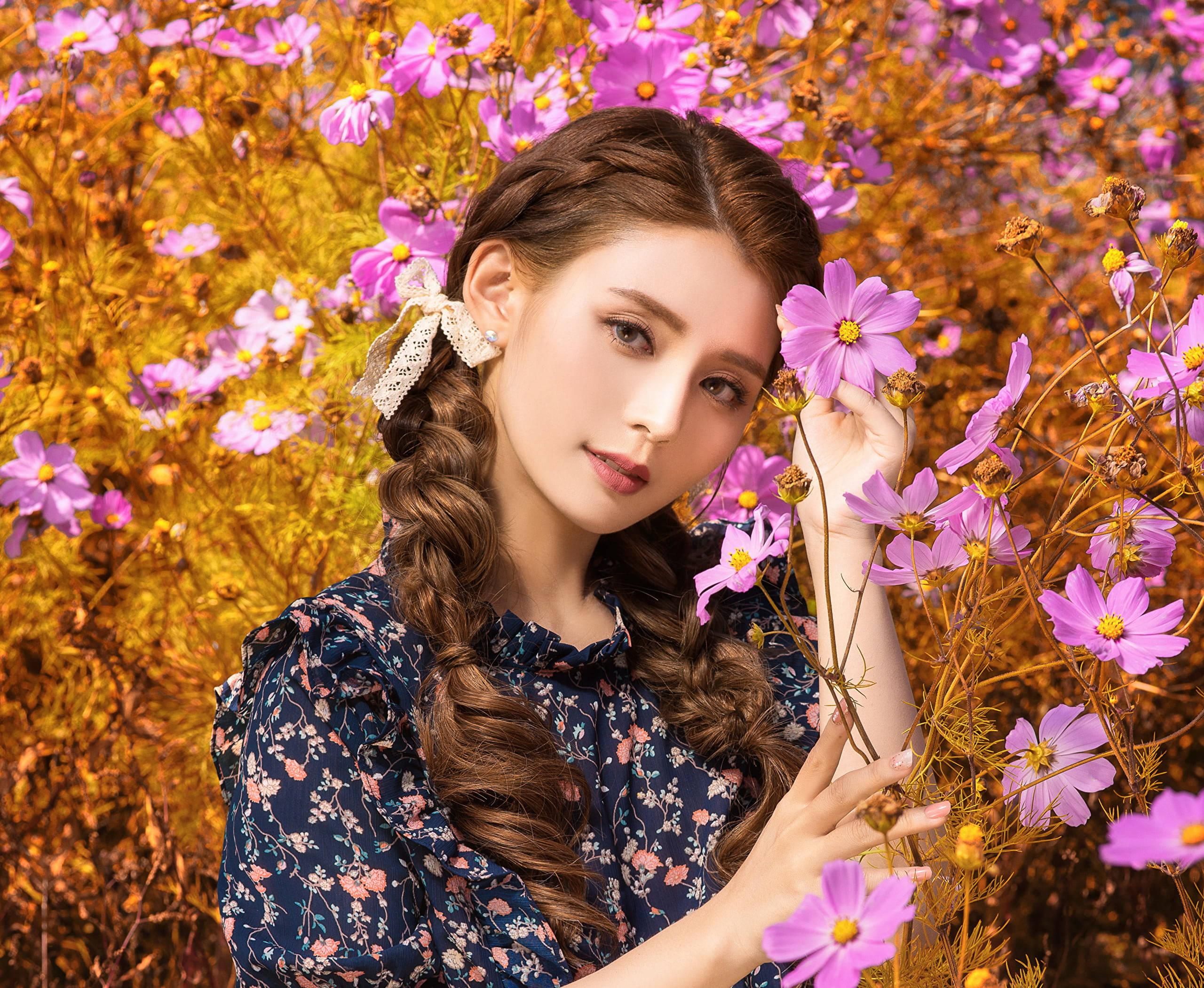 Beautiful Woman 桌布 壁紙 — 一位辮子年輕女子在盛開的紫色和金色花朵田野中手持一朵粉紅色的波斯菊。