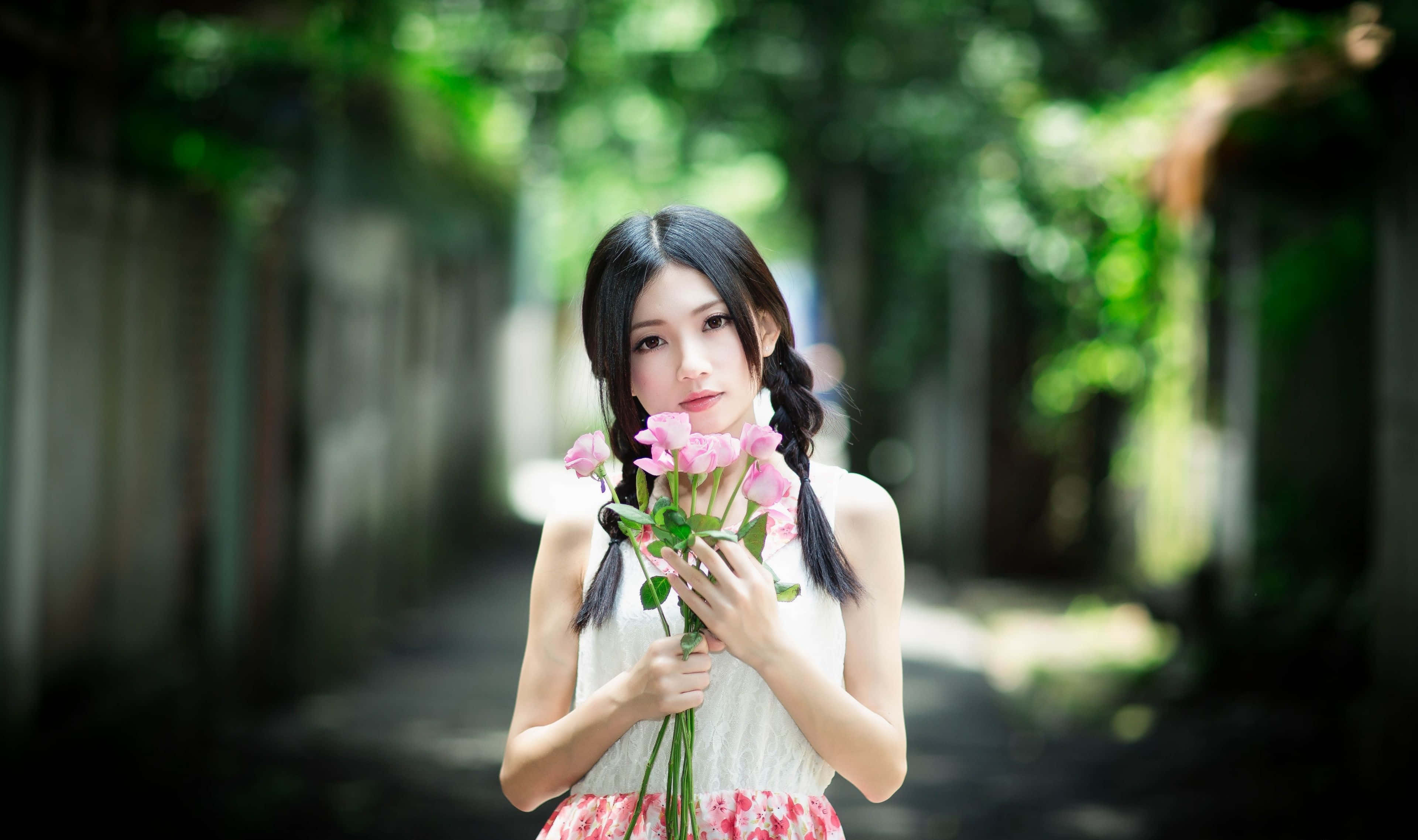 Beautiful Girls 桌布 壁紙 — 一位辮子年輕女子在陽光普照的花園小徑中，手持粉紅色花朵，周圍是茂密的綠色樹葉。