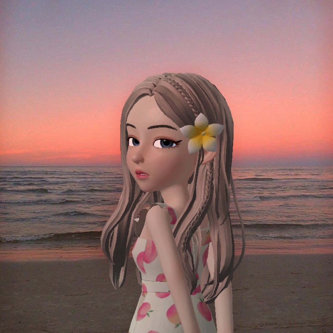 Zepeto 桌布 壁紙 — 一位辮子頭髮、戴著雞蛋花嘅數碼女孩，喺日落時分企喺沙灘上，著住桃紋連身裙。