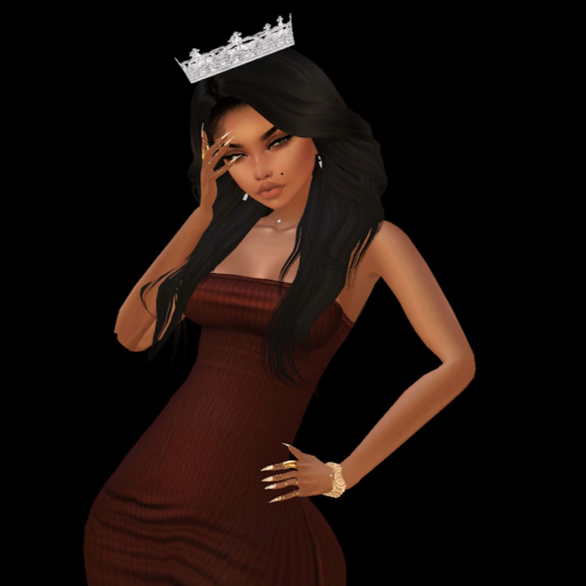 imvu 桌布 壁紙 — 一位迷人的數碼女性，長長的黑髮和銀色皇冠，自信地穿著羅紋酒紅色連衣裙，在黑色背景前擺姿勢。