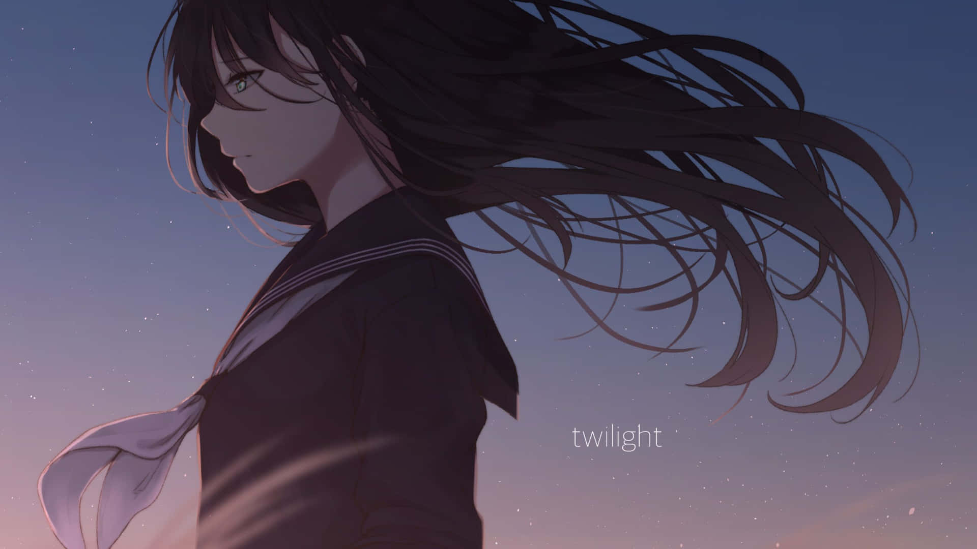 動漫女孩穿水手服在黃昏，頭髮飄動對星空