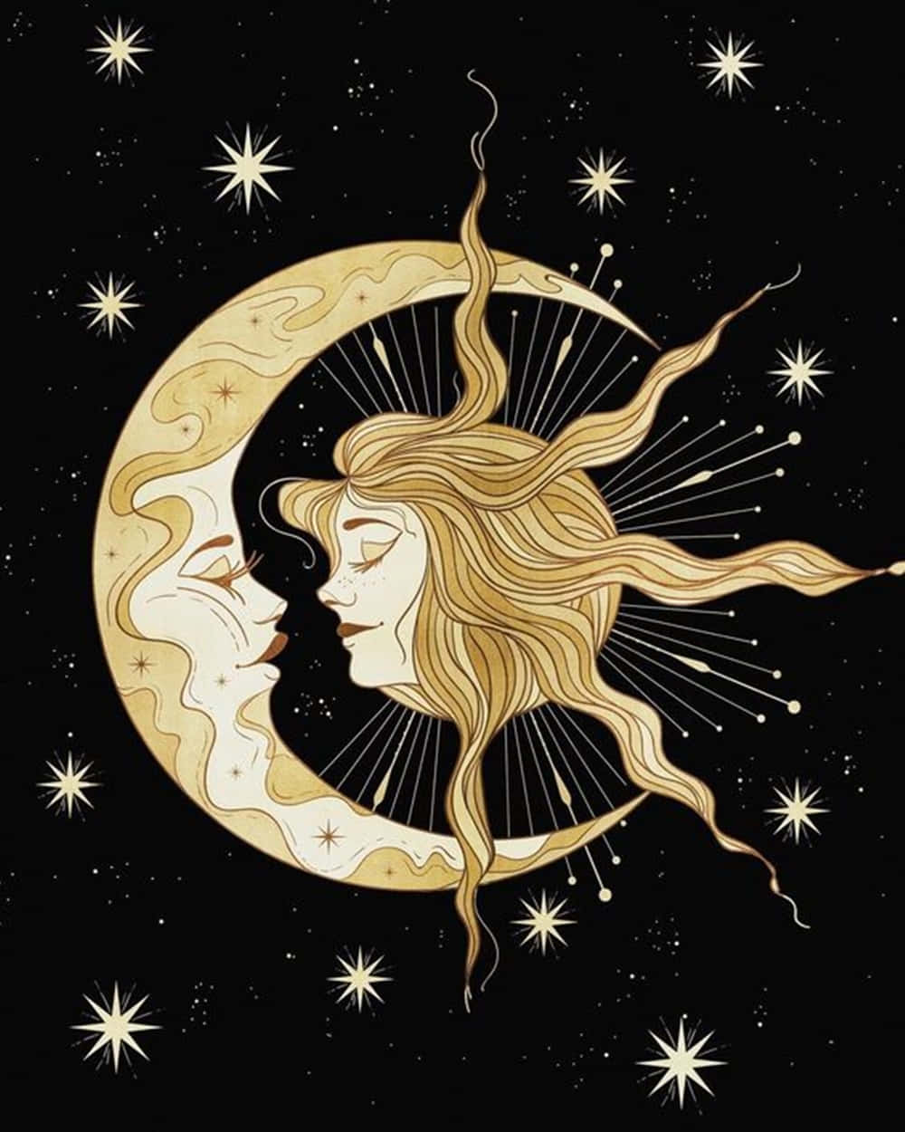 Sun And Moon Aesthetic 桌布 壁紙 — 一位金色插圖女子，長髮飄逸，在繁星點點的黑色夜空下親吻新月。