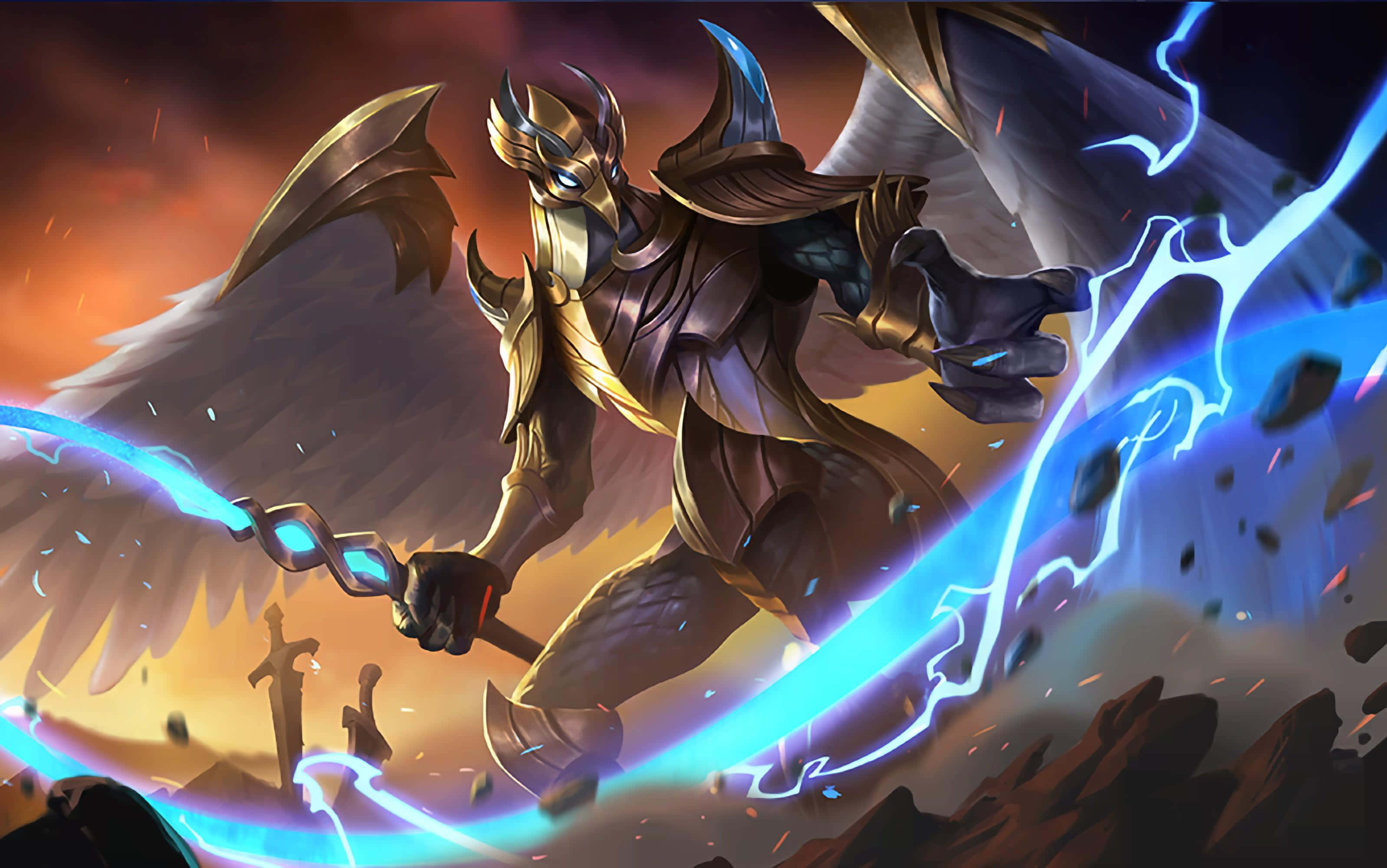 Mobile Legend 桌布 壁紙 — 一位金色裝甲、帶有翅膀的天使戰士，在火紅的日落天空下揮舞著發光的藍色閃電劍。