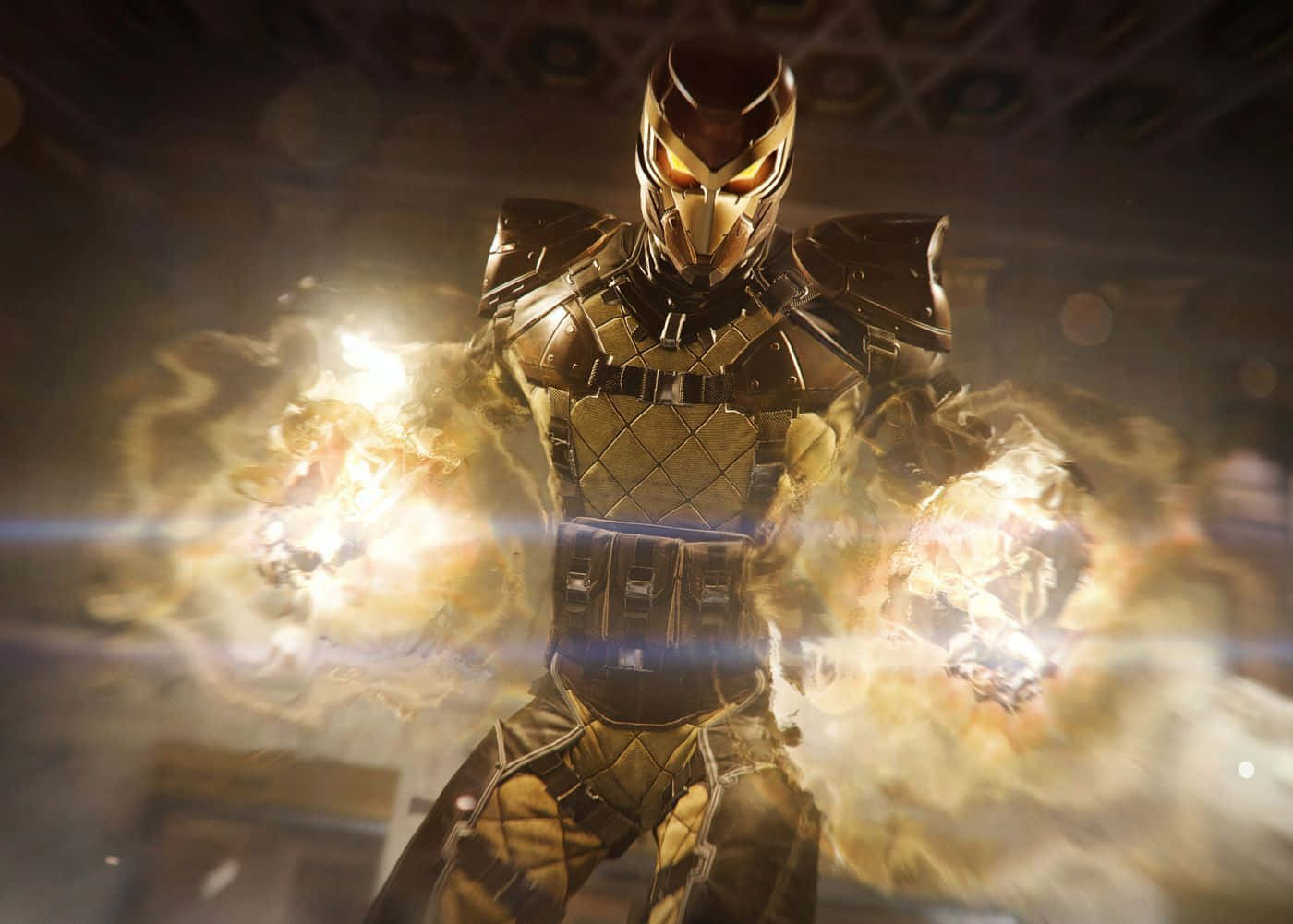 Villain 桌布 壁紙 — 一位金色裝甲超級英雄強勢站立，雙手爆發出發光的能量球，呈現出戲劇性的電影場景。