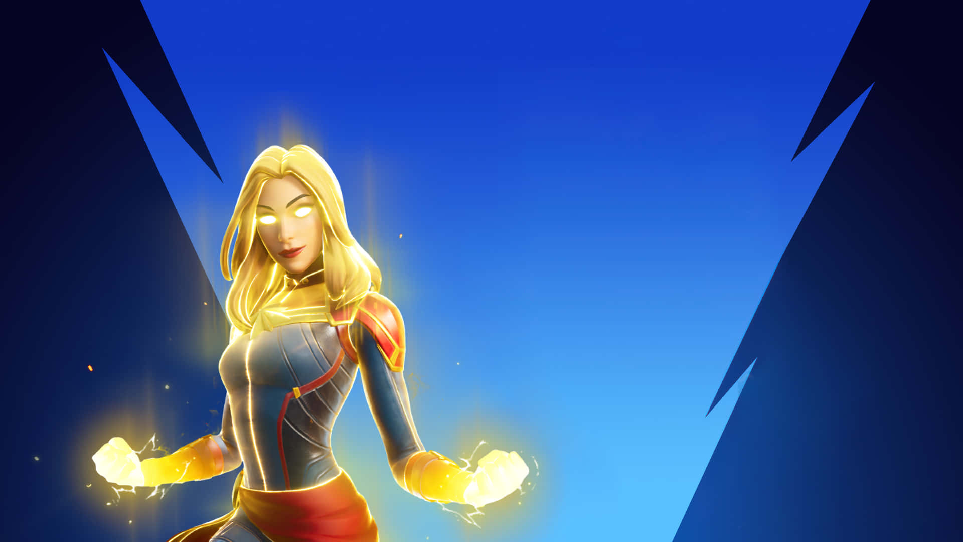 Captain Marvel HD 桌布 壁紙 — 一位金髮、拳頭發光的女性超級英雄，站在深藍色天空前，背景有鋸齒狀的黑暗形狀。