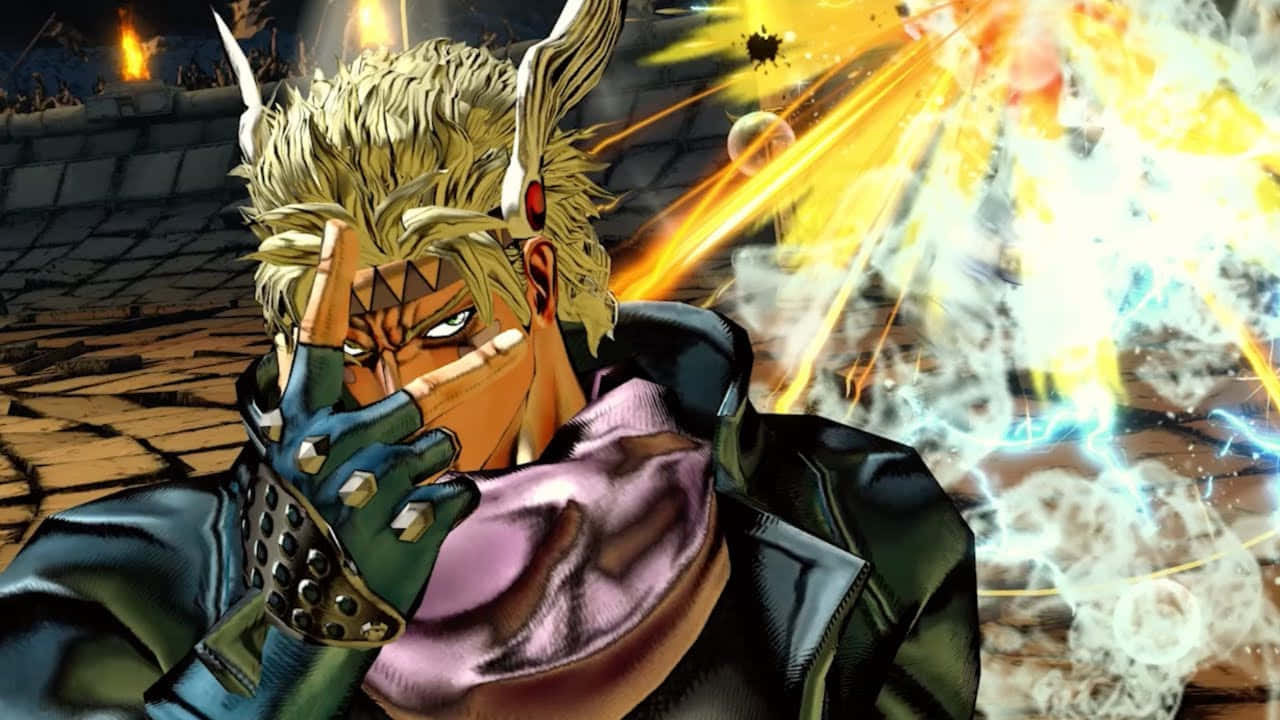 Caesar Anthonio Zeppeli 桌布 壁紙 — 一位金髮、有角、戴紫色圍巾的動漫戰士在石頭競技場釋放出火焰能量爆炸。