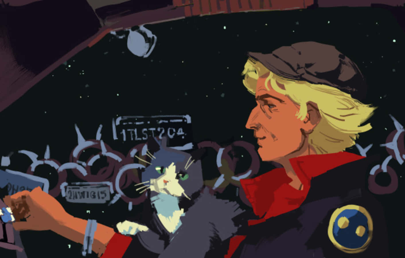 Cowboy Bebop Vt 桌布 壁紙 — 一位金髮人士穿著紅色領口外套，在星空下夜晚駕車，副駕駛座有一隻貓。