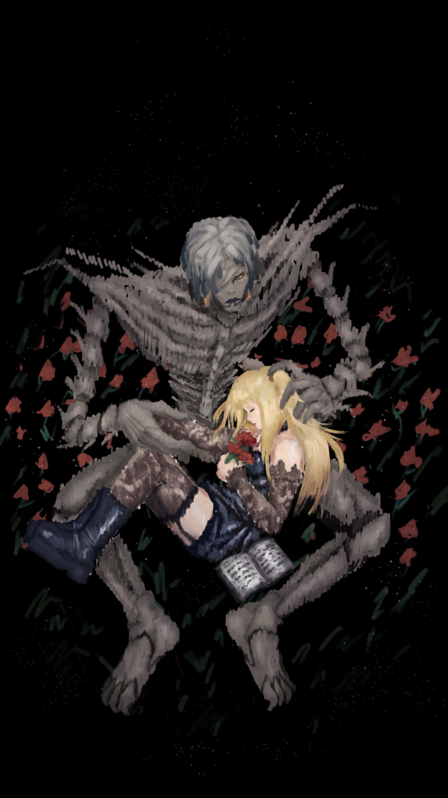 Death Note Rem 桌布 壁紙 — 一位金髮像素風動漫女孩懷抱紅玫瑰，被一個高聳的灰色骷髏身影擁抱，背景為黑色，漂浮著紅色花朵。