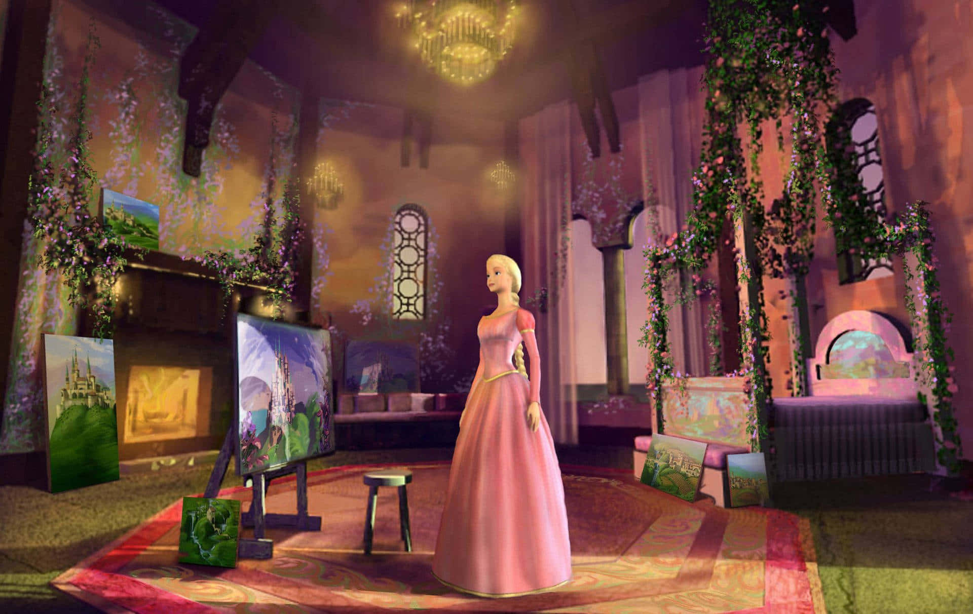Rapunzel 桌布 壁紙 — 一位金髮公主穿著粉紅色長裙，站在一個裝飾華麗、爬滿藤蔓的城堡工作室裡，裡面充滿了畫作和吊燈。