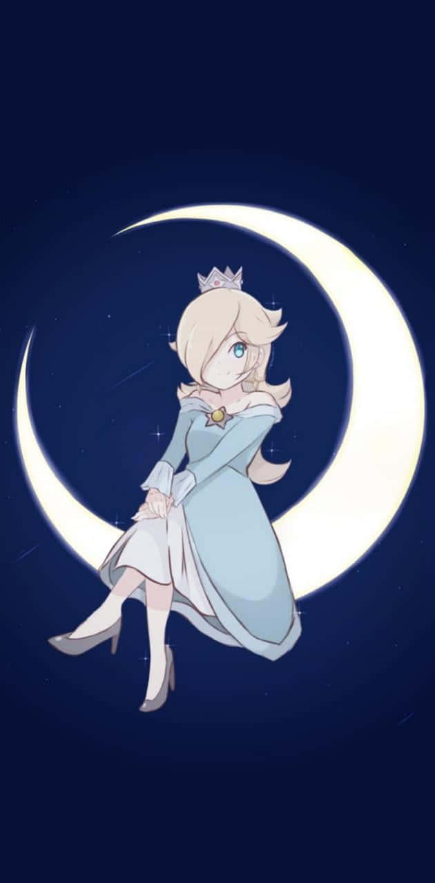 Princess Rosalina 桌布 壁紙 — 一位金髮動漫公主穿著藍色禮服，優雅地坐在閃爍的彎月上，背景是繁星點點的夜空。