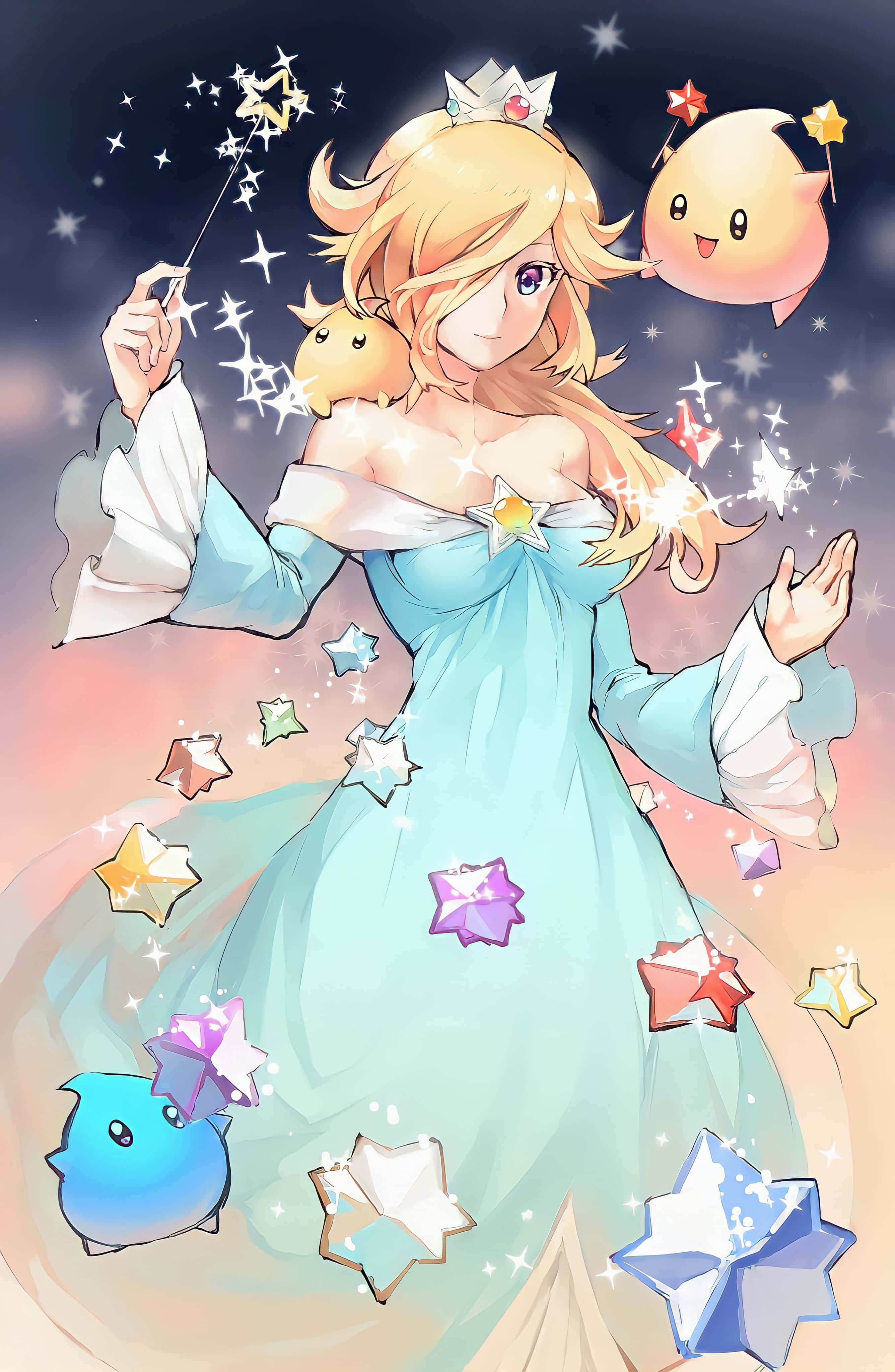 Princess Rosalina 桌布 壁紙 — 一位金髮動漫公主身穿淺藍色長袍，在暮色天空下揮舞著星星魔杖，周圍環繞著漂浮的星星和可愛的生物。