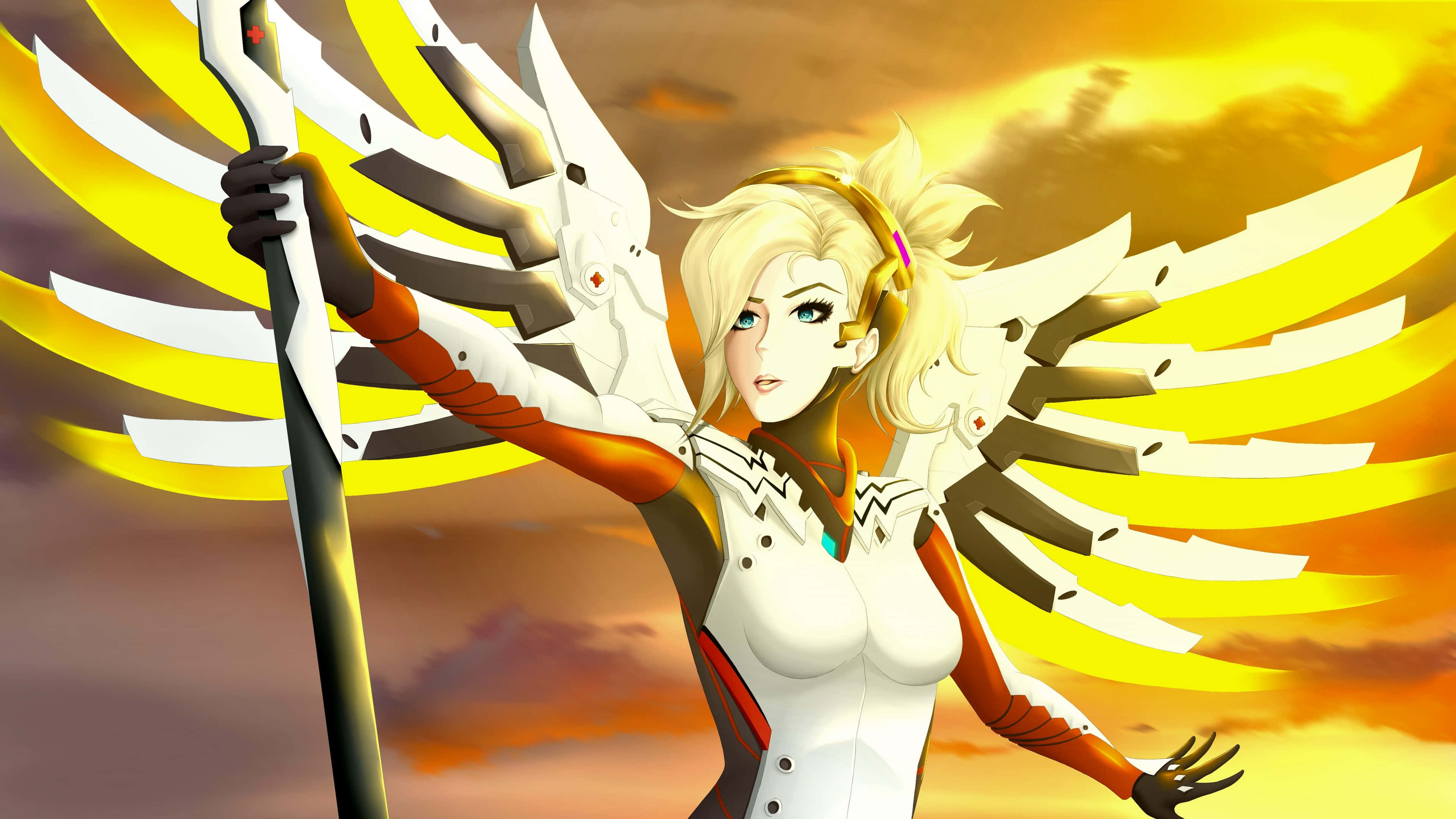 Overwatch Mercy 桌布 壁紙 — 一位金髮動漫天使，擁有機械翅膀，在熾熱的日落天空下手持法杖。