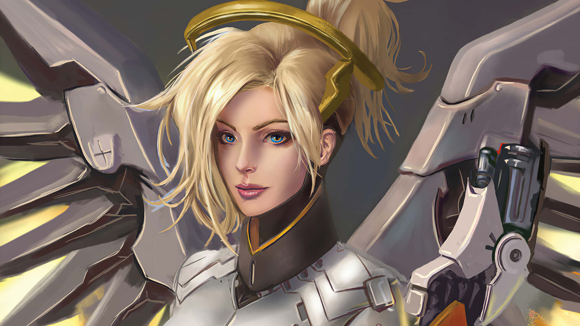 Overwatch Mercy 桌布 壁紙 — 一位金髮動漫天使戰士，身穿銀色盔甲，擁有機械翅膀和金色光環，用強烈的藍色眼睛凝視前方。