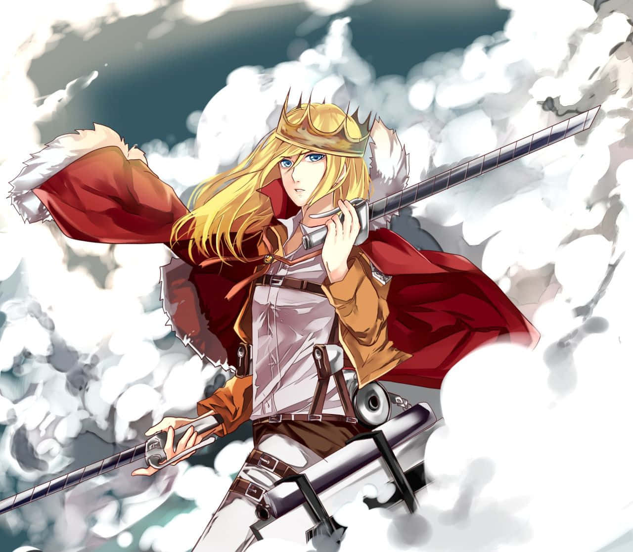 Historia Reiss 桌布 壁紙 — 一位金髮動漫女孩，戴著皇冠和紅色斗篷，在旋轉的雲層中揮舞著長劍。