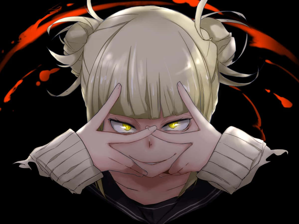 Toga 桌布 壁紙 — 一位金髮動漫女孩，擁有發光的黃色眼睛和雙丸子頭，雙手捧著臉，背景是旋轉的紅黑色。